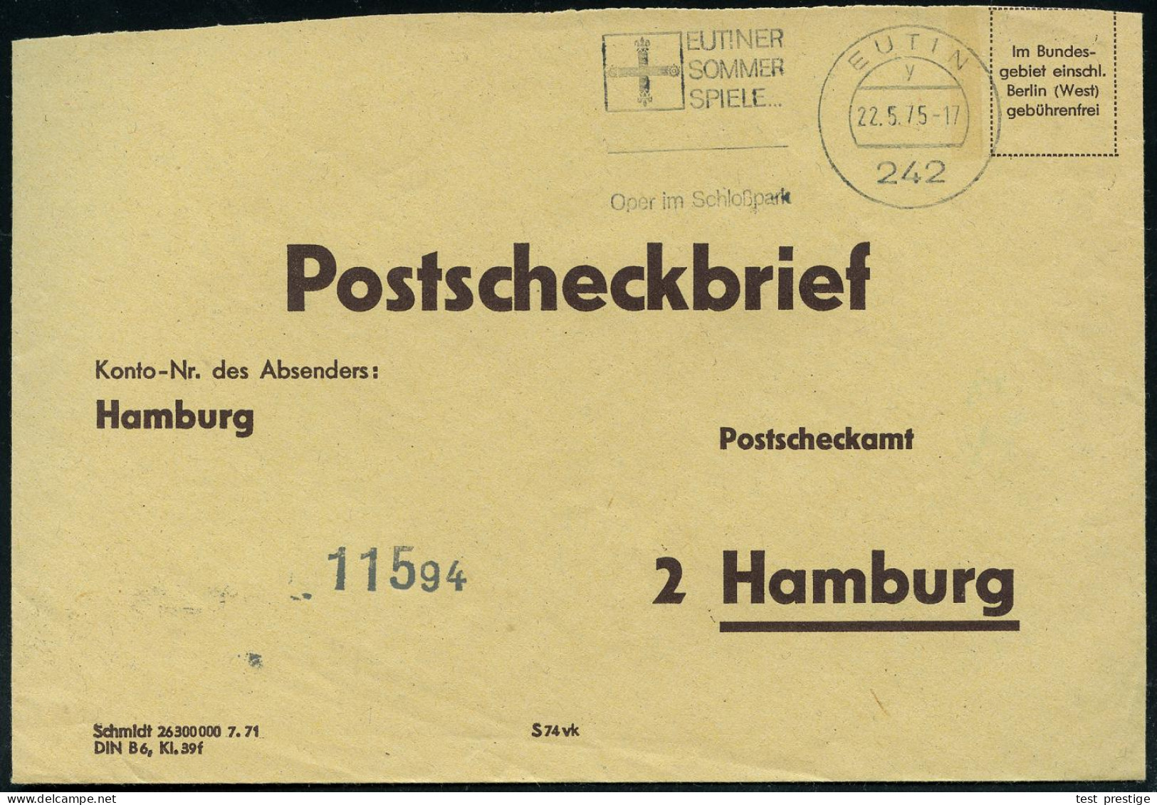 242 EUTIN/ Y/ EUTINER/ SOMMER/ SPIELE/ Oper Im Schloßpark 1975 (22.5.) MWSt (Wappen) Auf Portofreiem, Gelbem PSch-Bf. (o - Music