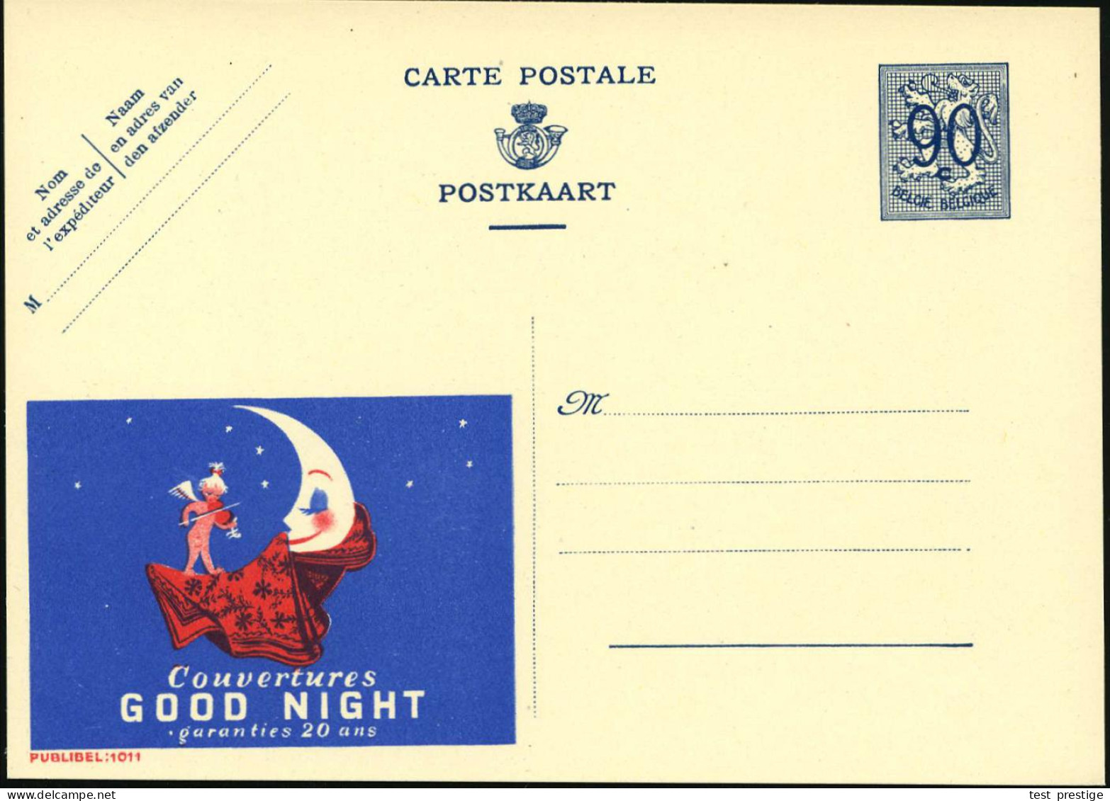 BELGIEN 1951 90 C. Reklame-P. Wappenlöwe, Blau: Couvertures/GOOD NIGHT = Engel Mit Geige (u. Mond, Decke) Französ. Text, - Muziek