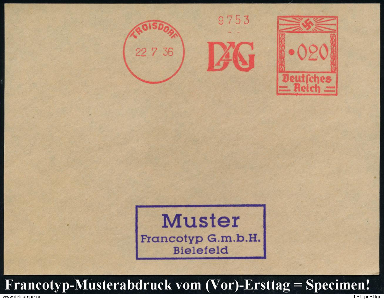 TROISDORF/  D A G 1936 (22.7.) AFS-Musterabdruck Francotyp "Hakenkreuz" = D(ynamit-Nobel) A.G. (Venditor) Glasklar Gest. - Nobel Prize Laureates