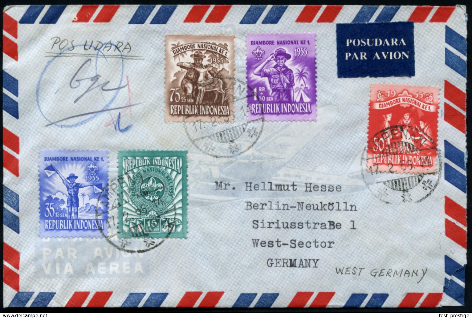 INDONESIEN 1955 (27.6.) National Jamboree, Kompl. Satz + Hs. R-Nr. (AMPENAN) Sauber Gest. Übersee-R-Flp.-Bf. N. West-Ber - Covers & Documents