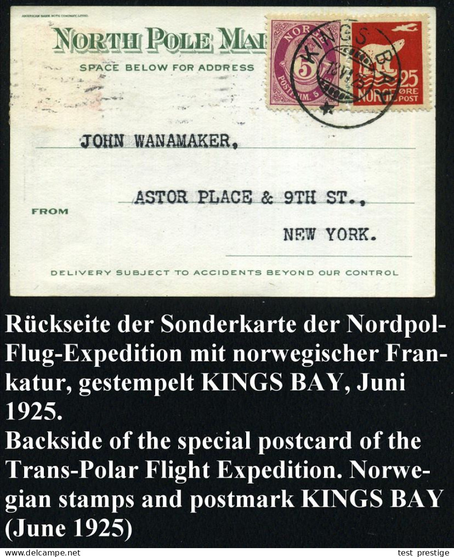 NORWEGEN /  U.S.A. 1925 (Mai/Juni) Expeditions-Karte: "THE TRANS-POLAR FLIGHT EXPEDITION" , US-Frankatur (New York) , Rs - Arctische Expedities