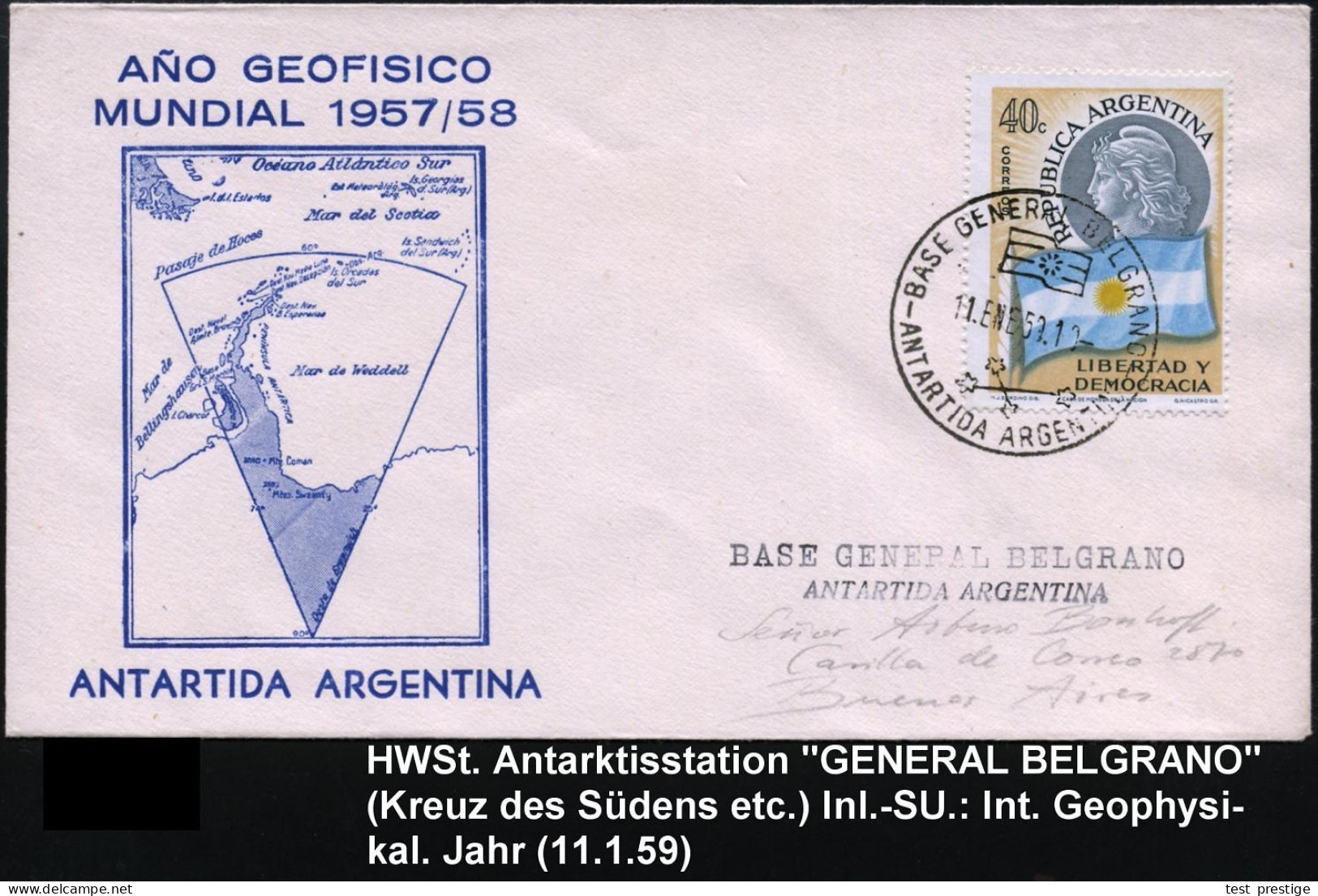 ARGENTINIEN 1959 (11.1.) 1K-HdN: BASE GENERAL BELGRANO/ ANTARTIDA ARGENTINA (Flagge, Sternbild "Kreuz Des Südens") + Abs - Antarctic Expeditions