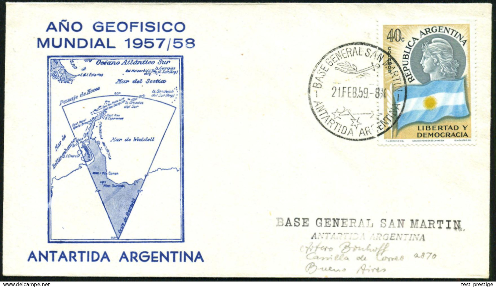 ARGENTINIEN 1959 (21.2.) 1K-HWSt.: BASE GENERAL SAN MARTIN/ ANTARTIDA.. = Marine-Antarktis-Basis (= Kreuz Des Südens Etc - Antarktis-Expeditionen