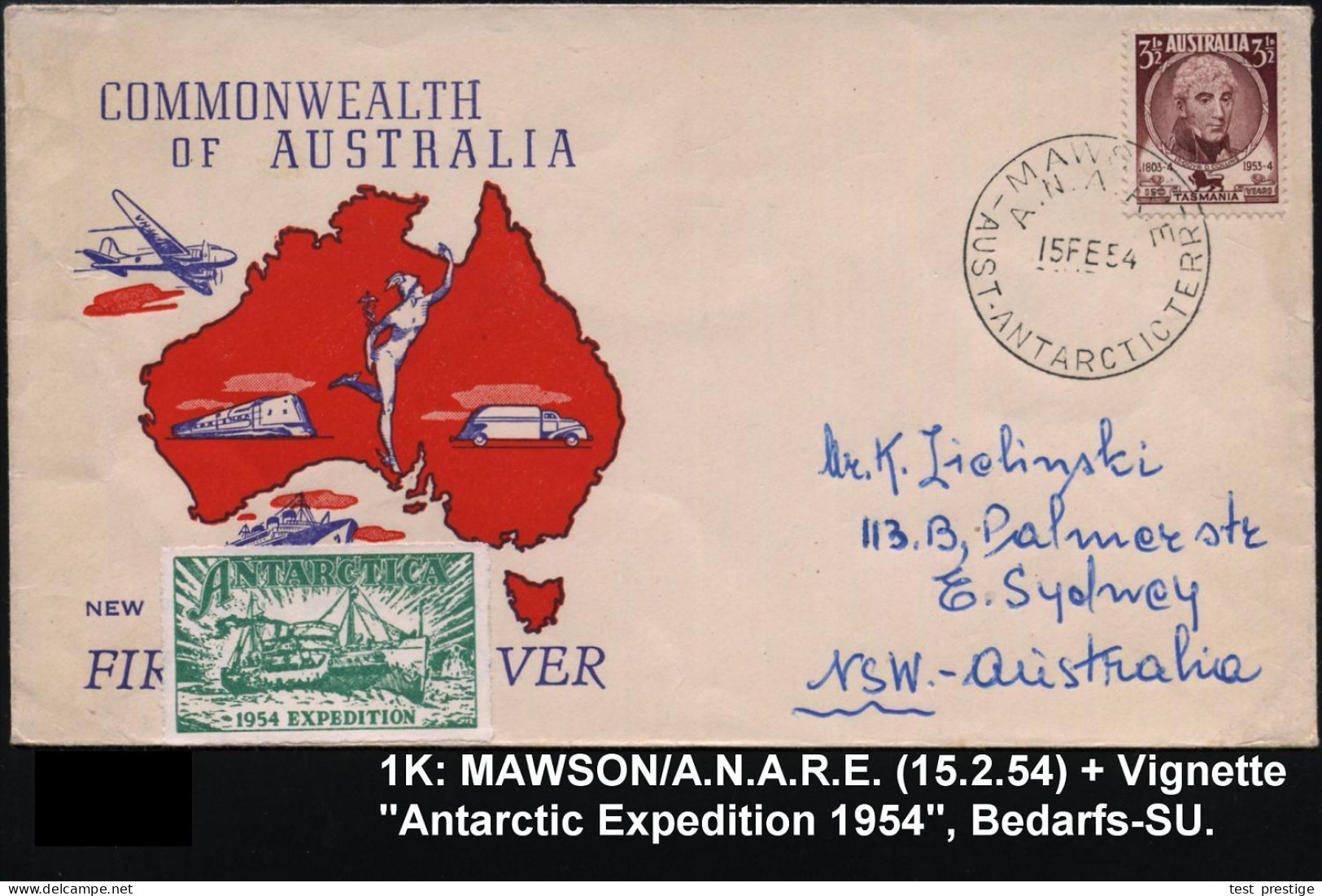 AUSTRALIEN 1954 (15.2.) 1K: MAWSON/A.N.A.R.E./AUST. ANTARCTIC TERR Auf EF 3 1/2 P. D.Collins + Grüne Vignette: ANTARCTIC - Antarctic Expeditions