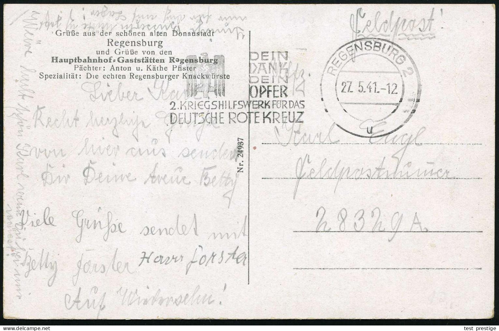REGENSBURG 2/ U/ DEIN/ DANK/ DEIN/ OPFER/ 2.KRIEGSHILFSWERK FÜR DAS/ DRK 1941 (27.5.) MWSt (NS-DRK-Logo) Klar Gest . Fel - Red Cross