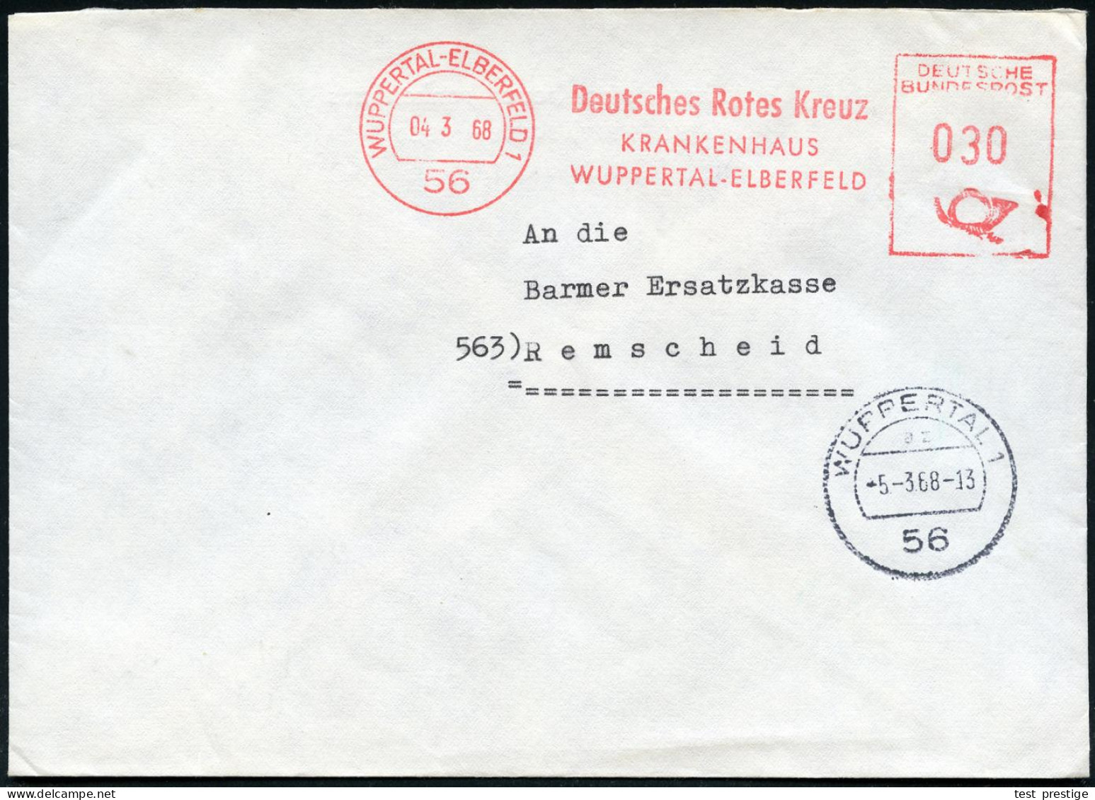 56 WUPPERTAL-ELBERFELD 1/ Deutsches Rotes Kreuz/ KRANKENHAUS.. 1968 (4.3.) AFS + 1K-Segment: 56 WUPPERTAL 1/az , Rs. Abs - Rode Kruis