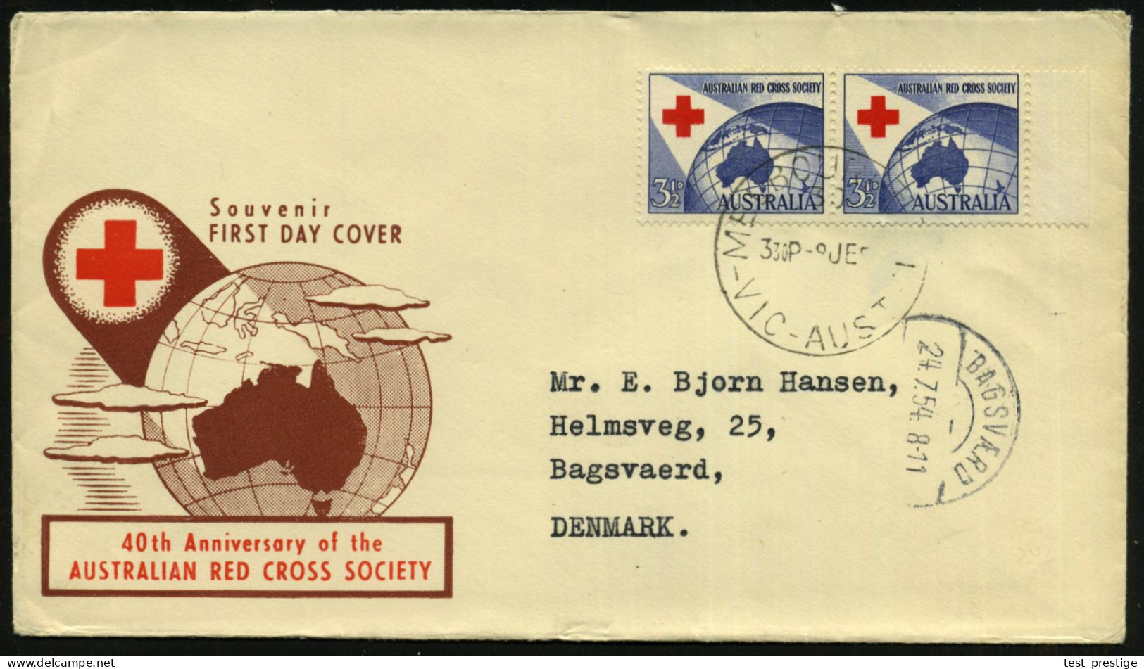 AUSTRALIEN 1954 (9.6.) 3 1/2 P. "40 Jahre Austral. Rotes Kreuz", Reine MeF: Paar , Bedarfs-Übersee-FDC-SU. (Mi.246 MeF)  - Red Cross