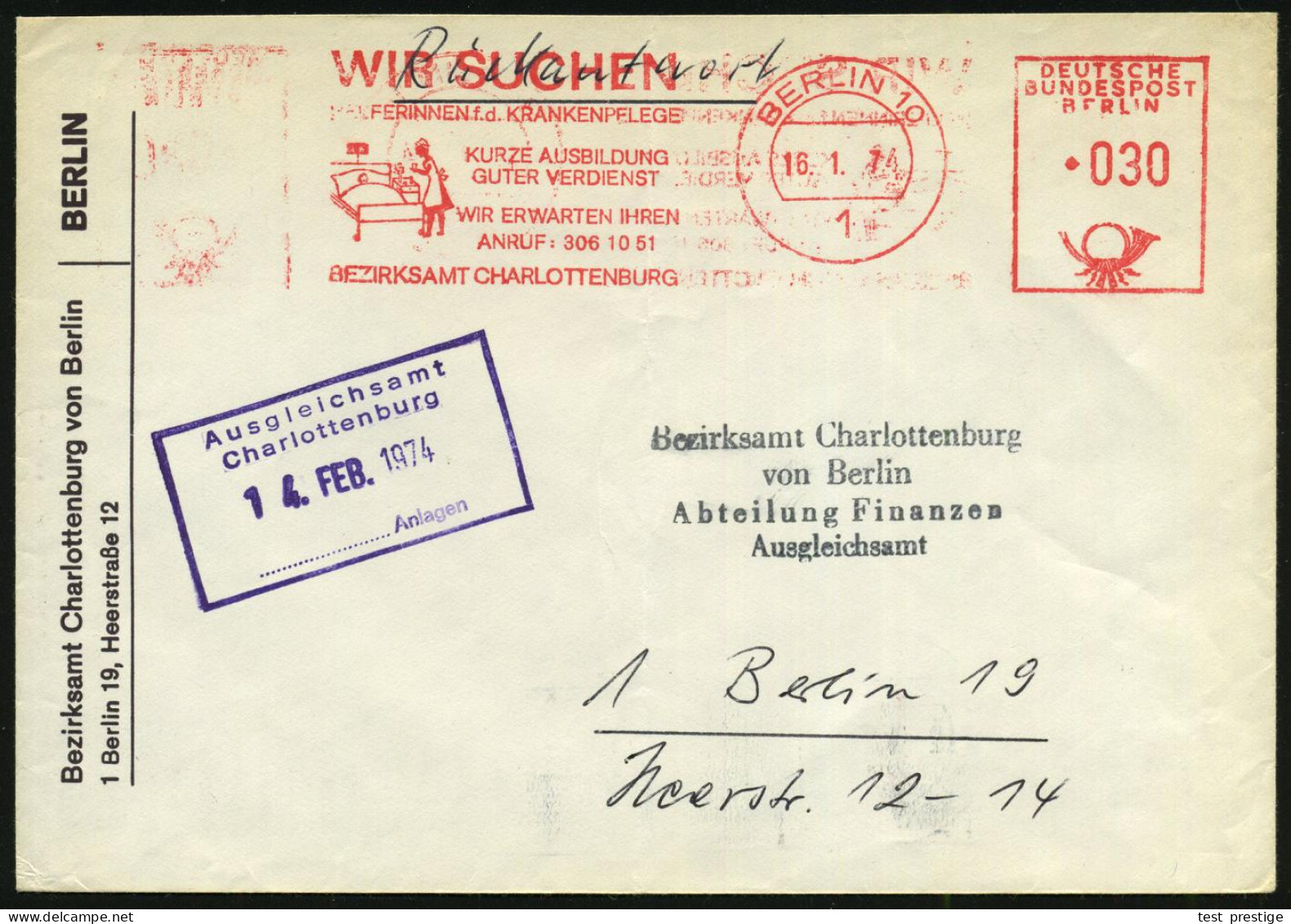 1 BERLIN 10/ WIR SUCHEN/ HELFERINNEN F.d.KRANKENPFLEGE/ ..BEZIRKSAMT CHARLOTTENBURG 1974 (16.1.) AFS = Krankenschwester  - Medicine