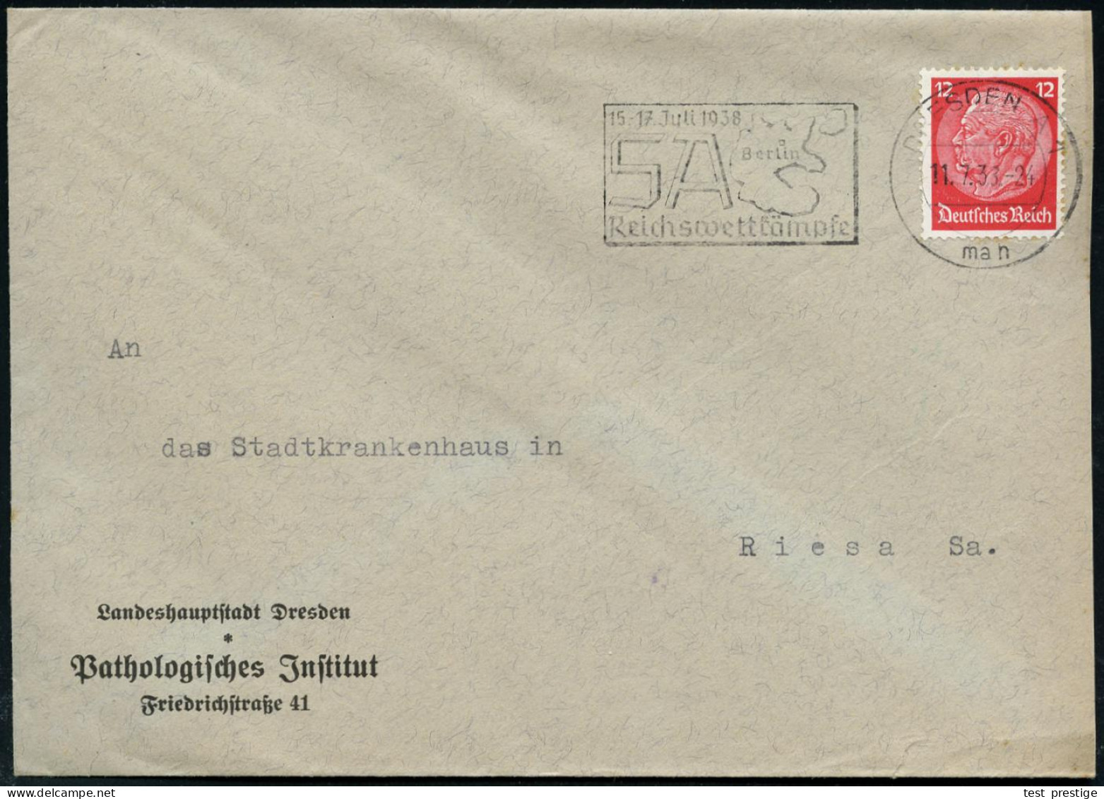 DRESDEN A1/ *III/ SA../ Berlin/ Reichswettkampf/ Führerappell 1938 (11.7.) MWSt (SA-Logo) Auf Dienst-Bf.: Landeshauptsta - Medicine