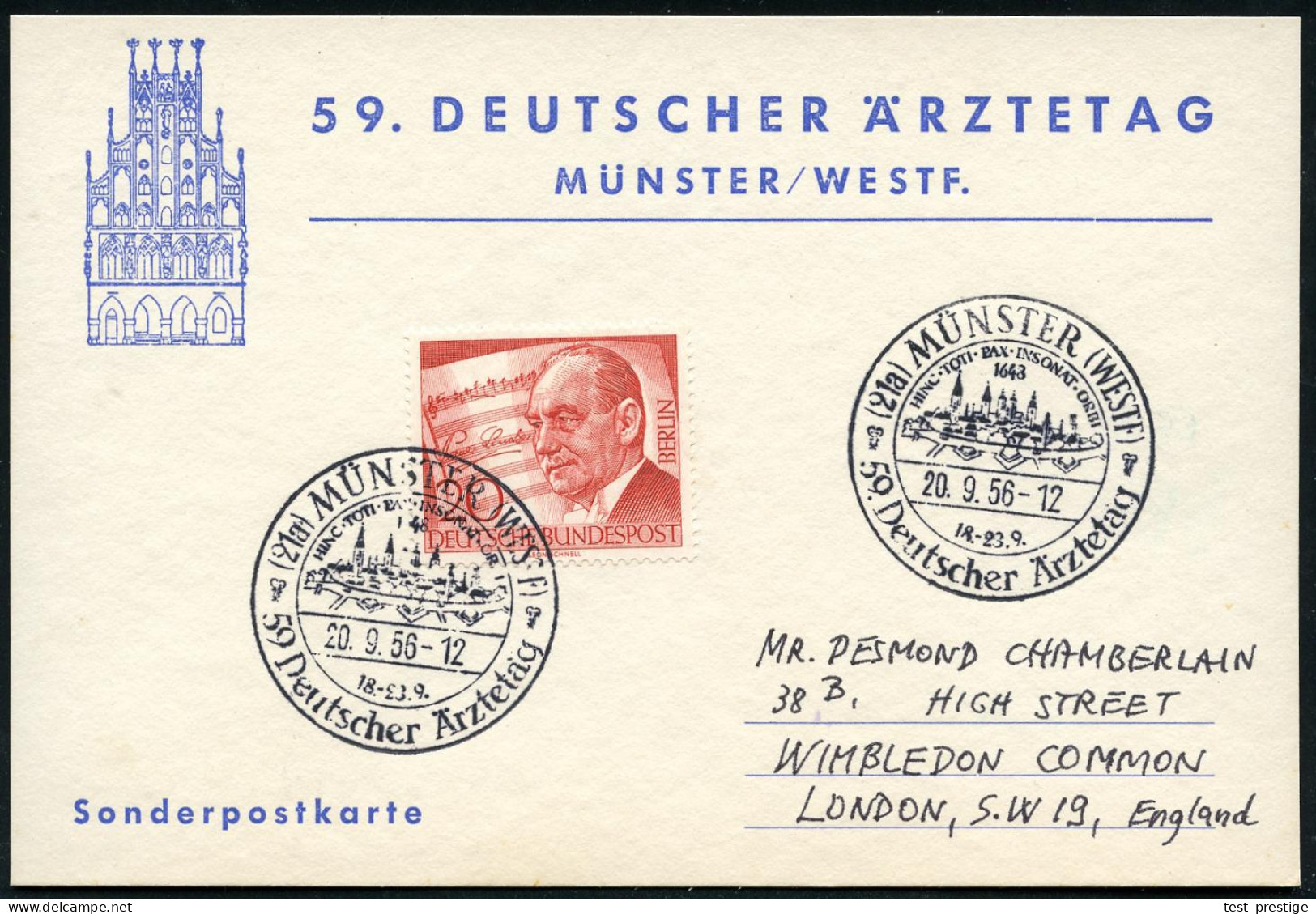 (21a) MÜNSTER (WESTF)/ HINC-TOTI-PAX-INSONAT-ORBI/ 59.Deutscher Ärztetag 1956 (20.9.) Latein.-deutscher SSt = Alt-Münste - Medizin