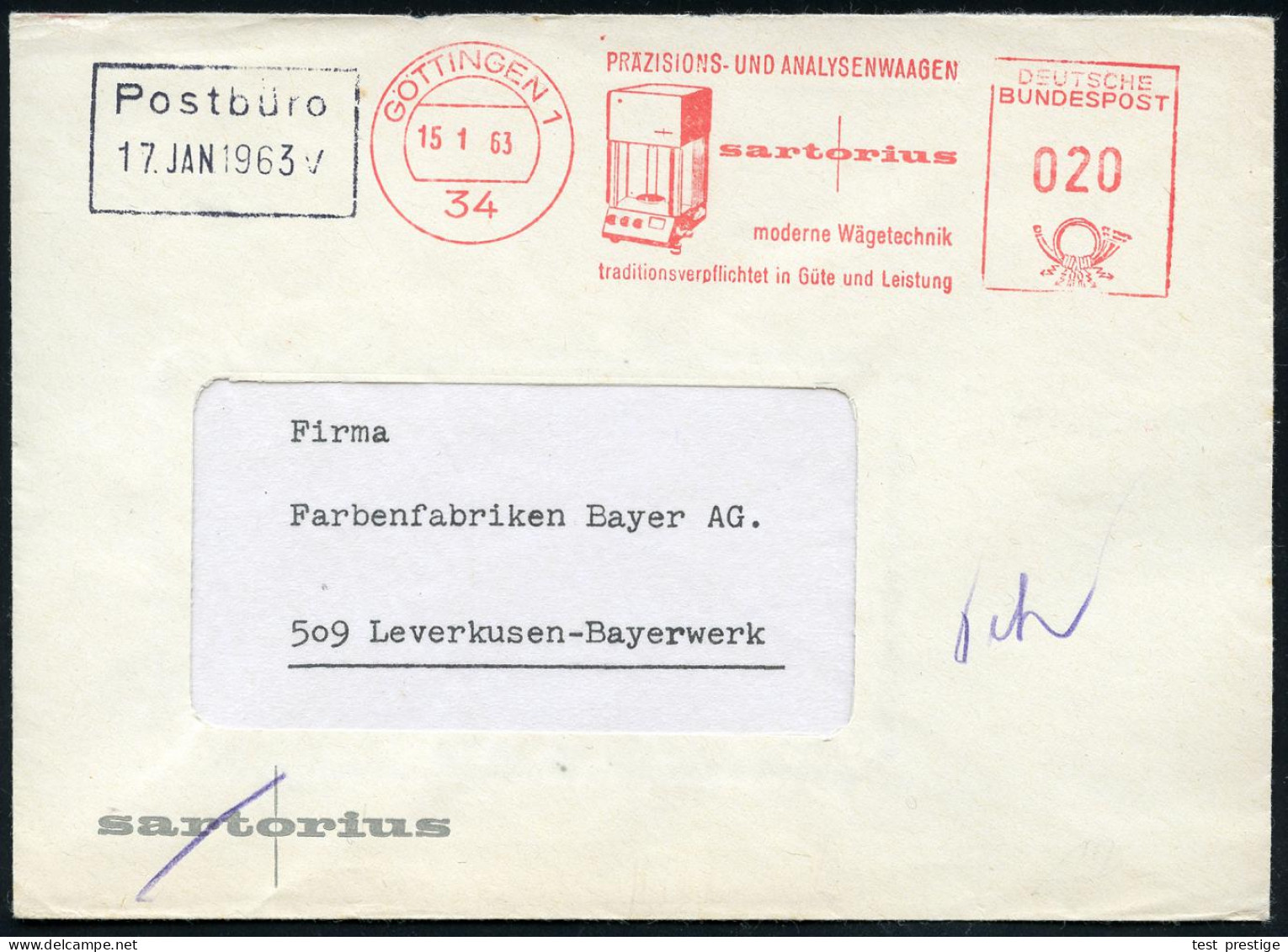 34 GÖTTINGEN 1/ PRÄZISIONS-U.ANALYSEWAAGEN/ Sartorius.. 1963 (15.1.) Dekorativer AFS (= Analyse-Spezial-Waage) Rs. Abs.- - Medicine