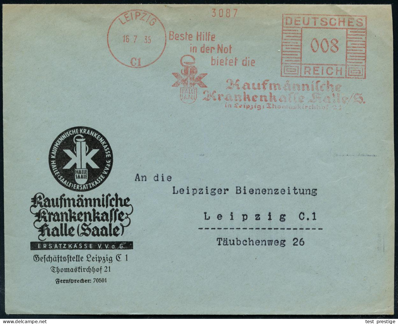 LEIPZIG/ C1/ Beste Hilfe/ In Der Not/ ..Kaufmännische/ Krankenkasse Halle-S... 1935 (18.7.) AFS Francotyp = Logo Mit Aes - Andere