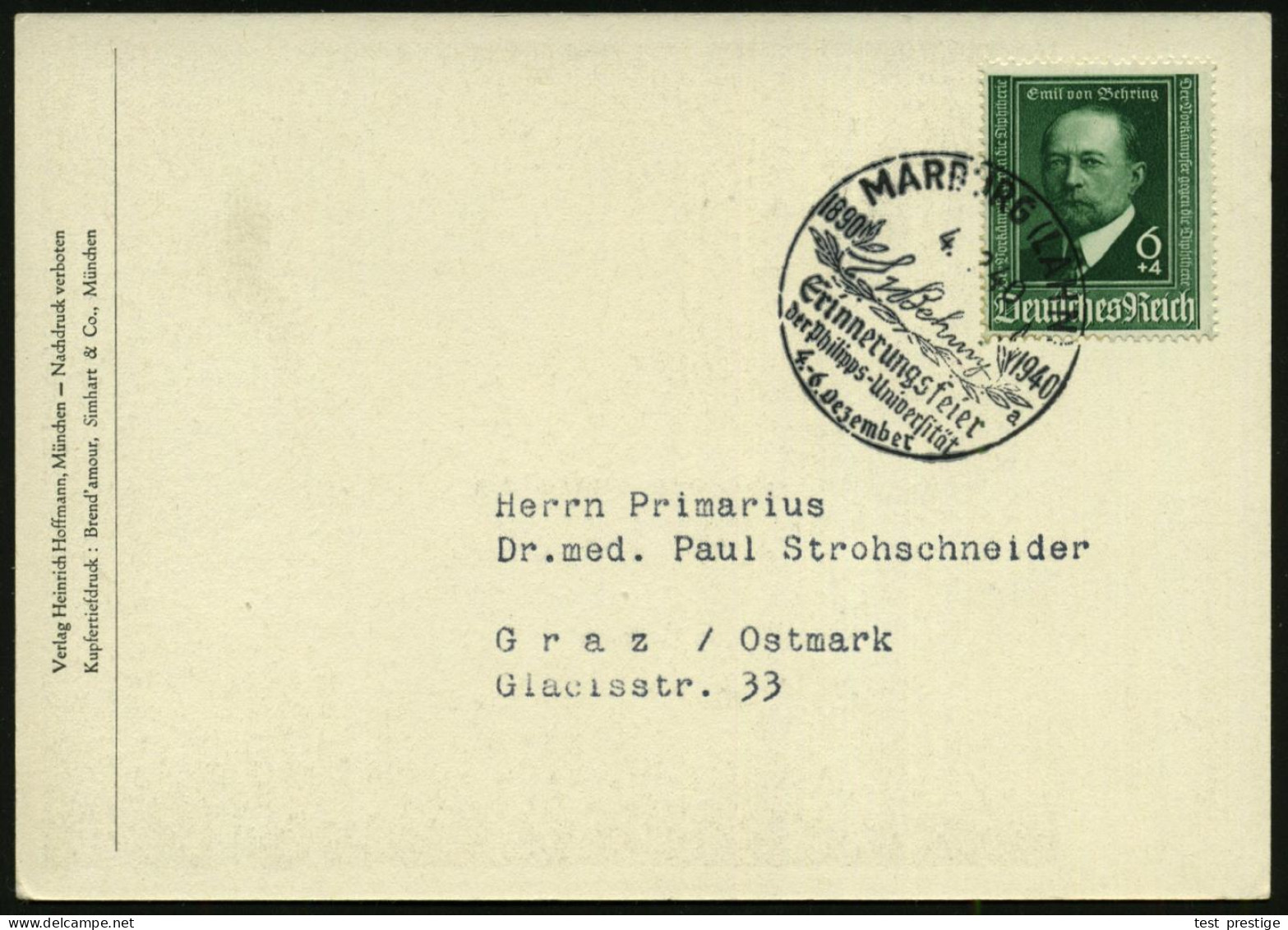 MARBURG (LAHN)/ E V Behring/ A/ Erinnerungsfeier.. 1940 (4.12.) SSt Auf EF 6 + 4 Pf. Emil V. Behring (Mi.760 EF) Auf Jub - Medicine