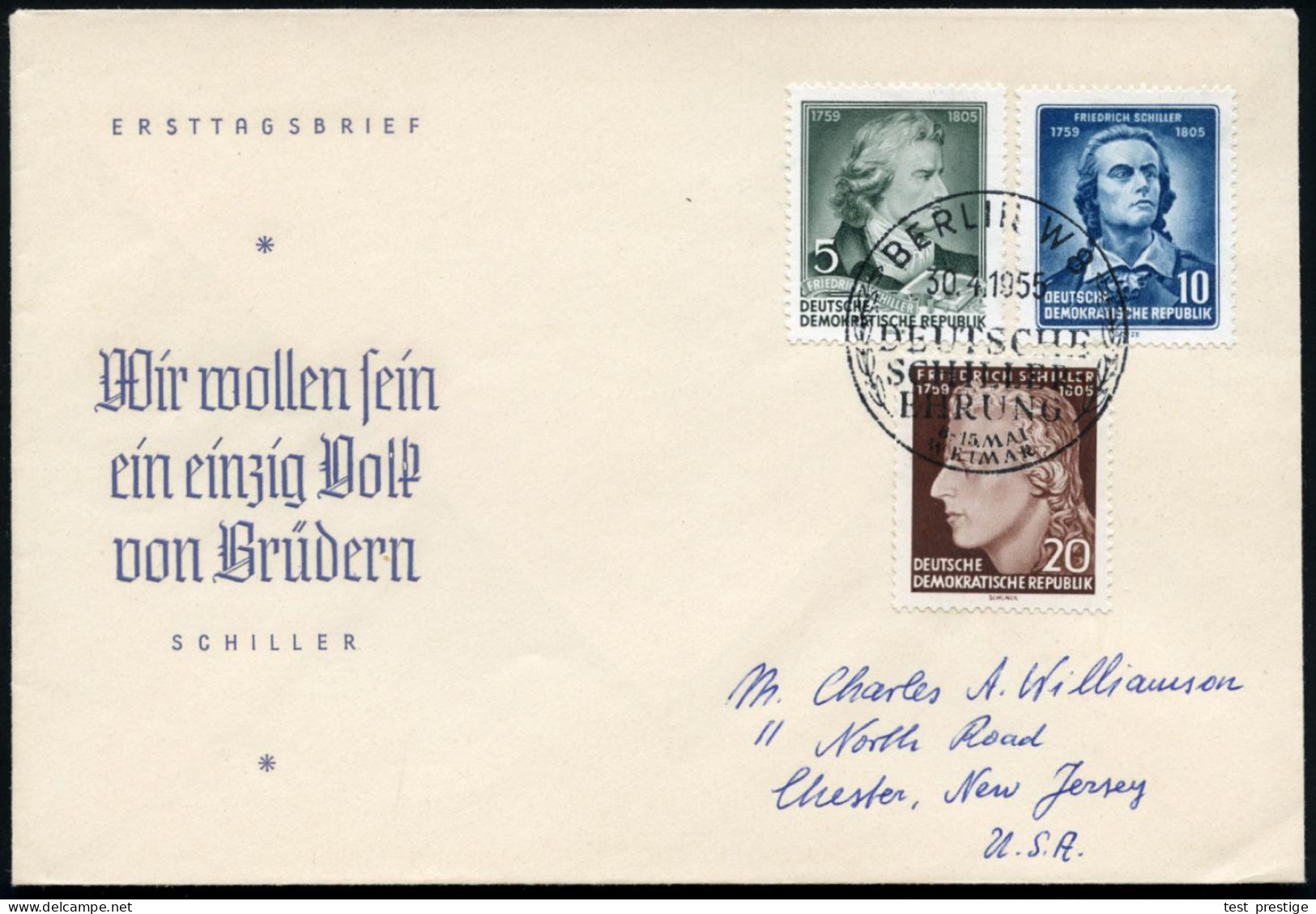 D.D.R. 1955 (30.4.) Schiller, Kompl. Satz (Mi.464/66 A) + ET-SSt. (BERLIN W8) Übersee-FDC-SU, Schiller War Ausgebildeter - Medicine