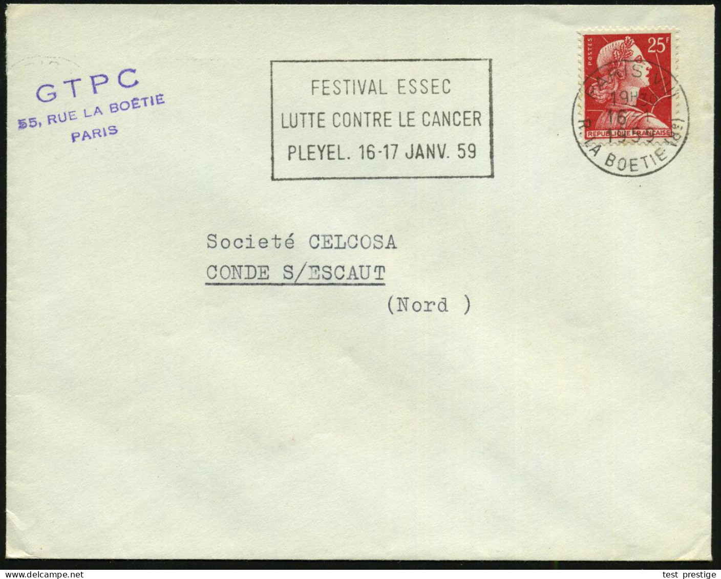 FRANKREICH 1959 (5.1.) MWSt: PARIS VIII/FESTIVAL ESSEC/LUTTE CONTRE LE CANCER.. (Anti-Krebs-Kongreß) Klar Gest. Inl.-Bf. - Enfermedades