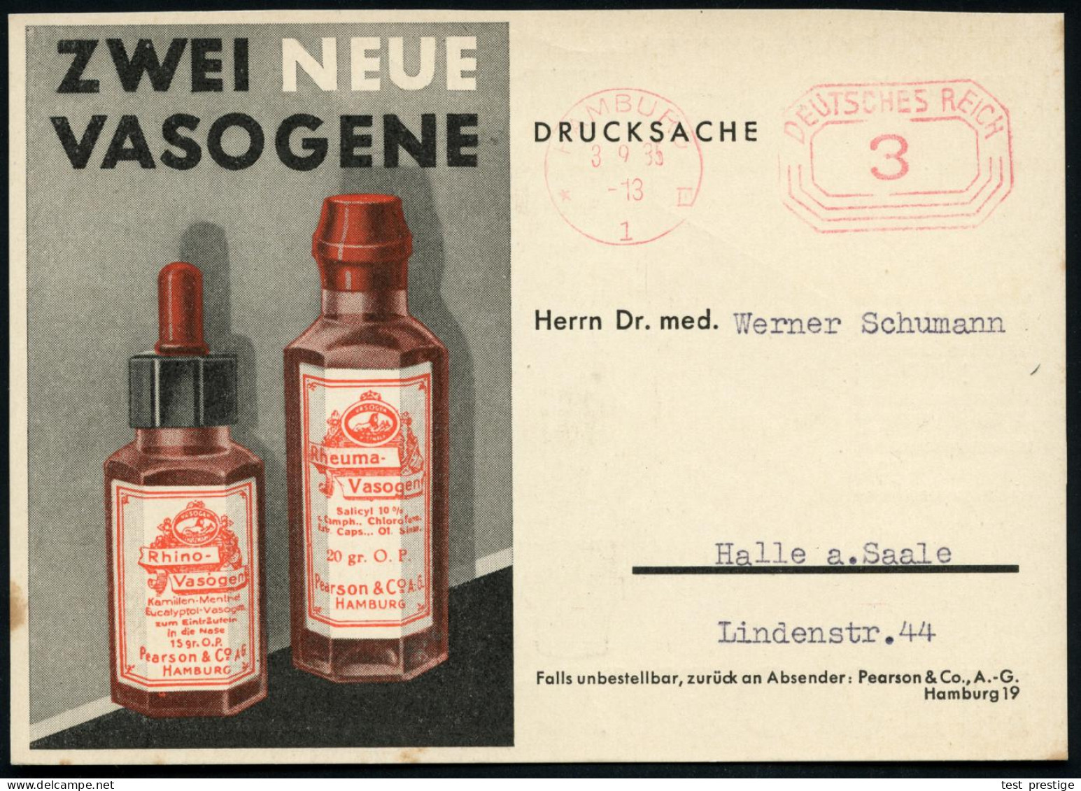 HAMBURG/ *1III/ DEUTSCHES REICH 1935 (3.9.) PFS "Achteck" 3 Pf. Auf Color-Reklame-Kt.: RHEUMA-VASOGEN.. (kl. Randfleck)  - Disease