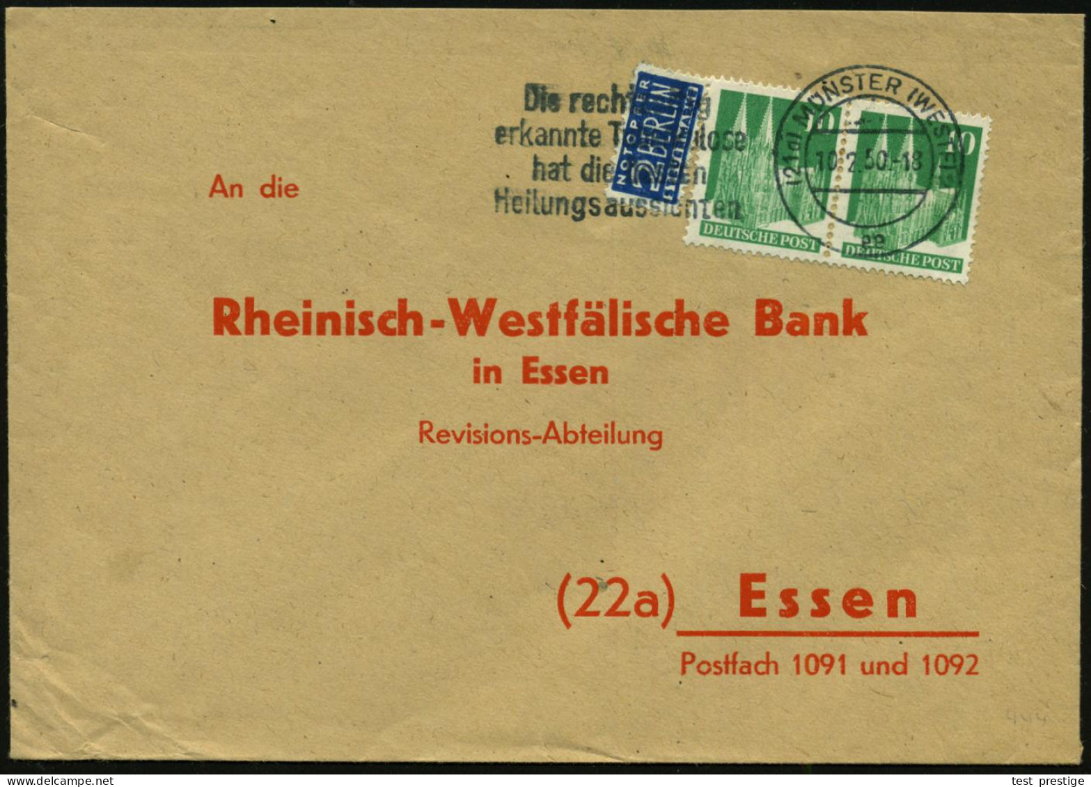 (21) MÜNSTER (WESTF)2/ B/ Die Rechtzeitig/ Erkannte Tuberkulose.. 1950 (10.2.) Seltener MWSt Klar Auf Bauten-Frankatur,  - Disease