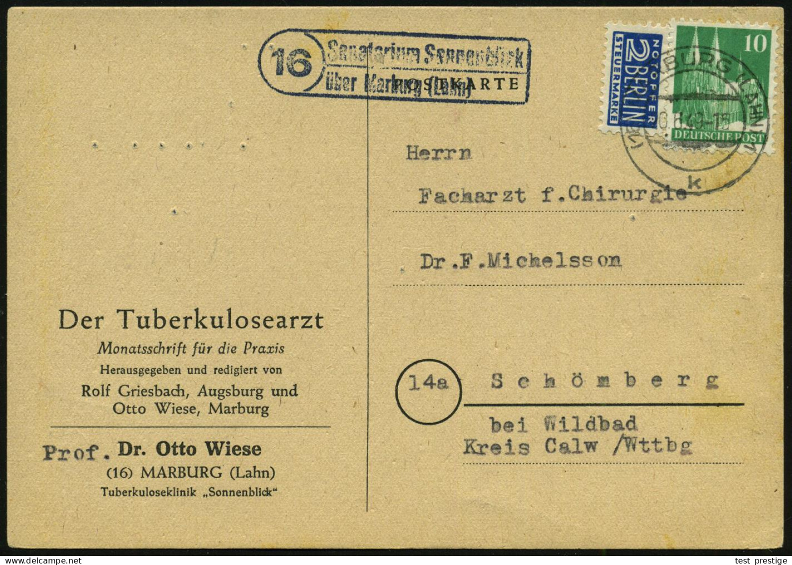 (16) Sanatorium Sonnenblick 1949 (10.6.) 2K-Steg: (16) MARBURG (LAHN) 71/k + Seltener, Blauer Ra.2: (16)  S A N A T O R  - Disease