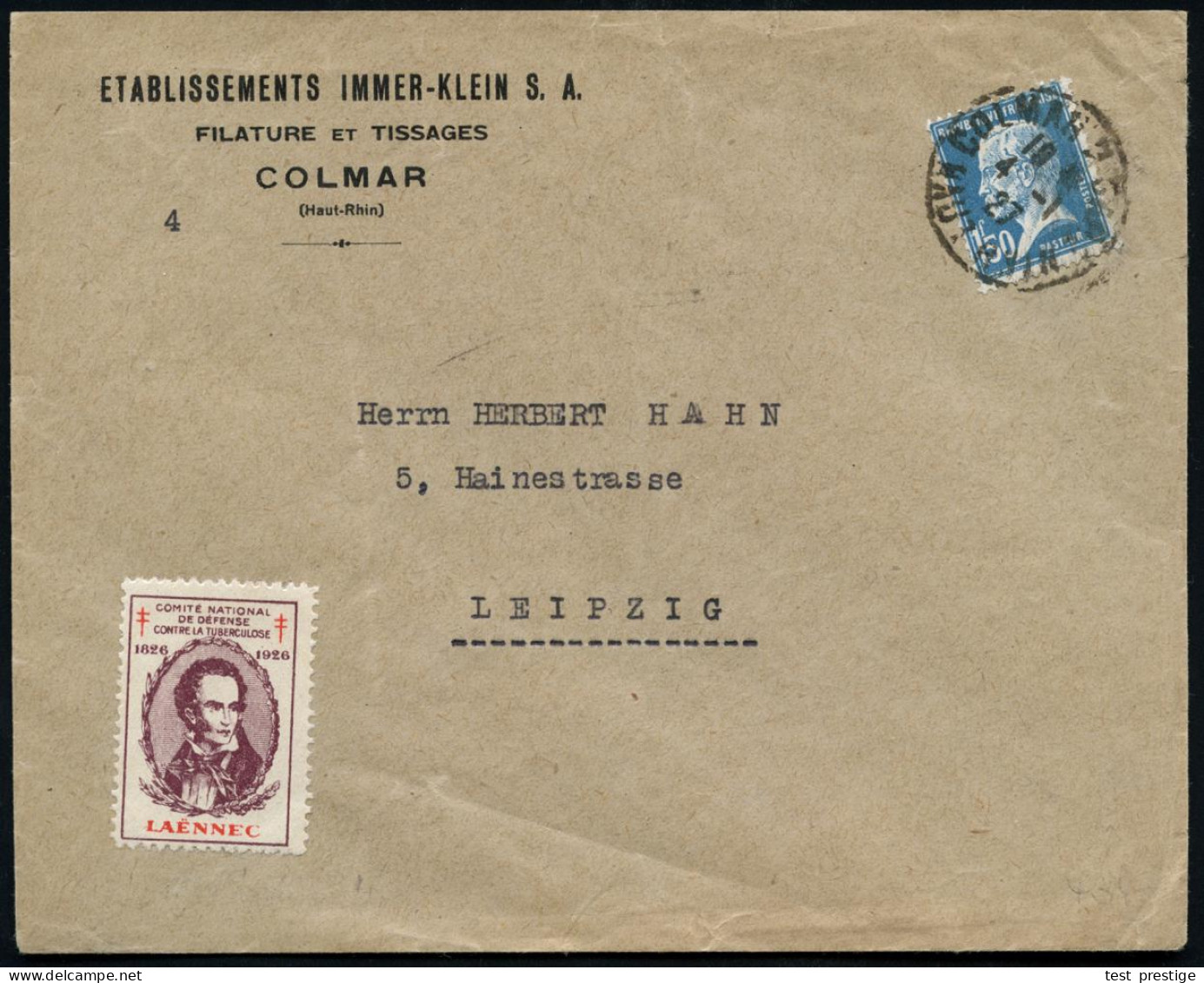 FRANKREICH 1927 (4.1.) 1,50 F. L. Pasteur, EF + TBC-Spendenmarke 1926 Mit Tbc-Doppelkreuzen Und Dr. Laennec , Firmen-Aus - Disease