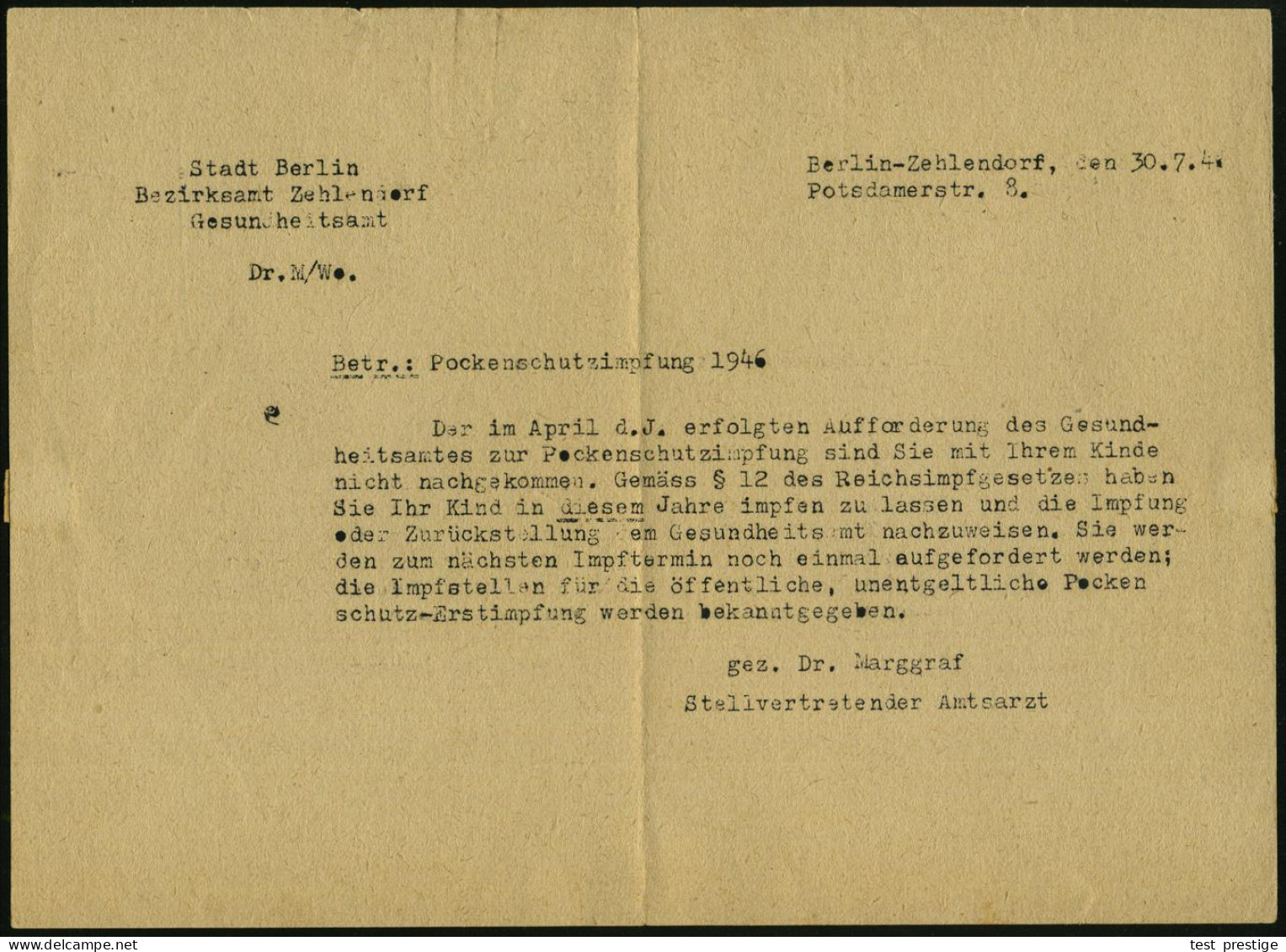 BERLIN-ZEHLENDORF 1/ Stadt Berlin/ Bezirksamt/ Zehlendorf 1946 (Aug.) Seltener AFS-Typ "Hochrechteck" Auf Dienst-Faltbf  - Disease