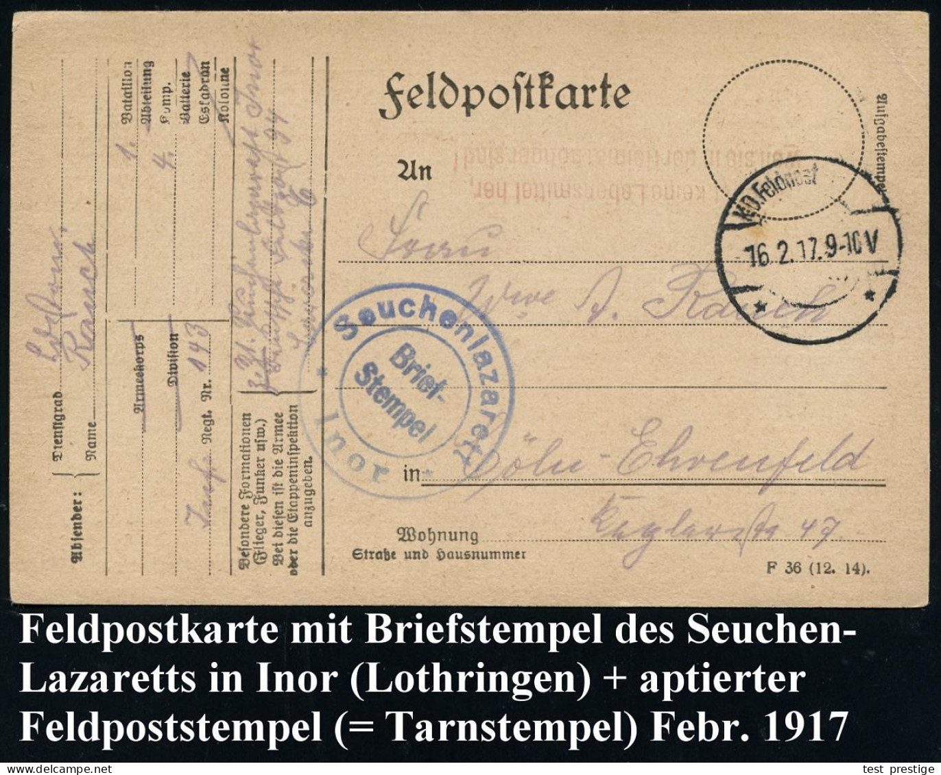 DEUTSCHES REICH 1917 (16.2.) Aptierte 1K-Brücke: K. D. Feldpost/* * (Tarnstempel) + Blauer 2K-HdN:  S E U C H E N L A Z  - Disease