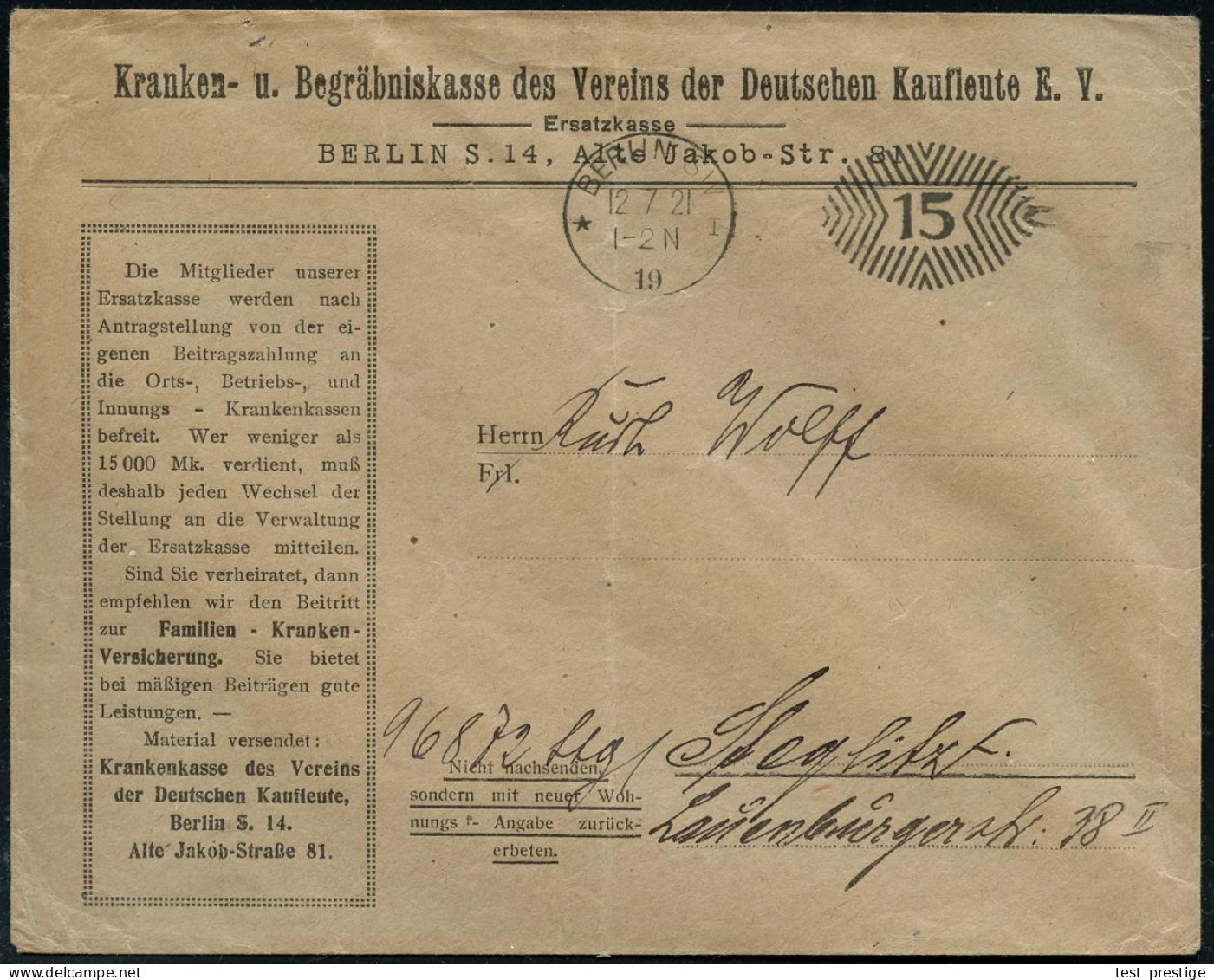 BERLIN SW/ *19I 1921 (12.7.) Schw. PFS 15 Pf. "Ziermuster" Auf Firmen-Bf.: Kranken- U. Begräbniskasse Des Vereins Der De - Medicine