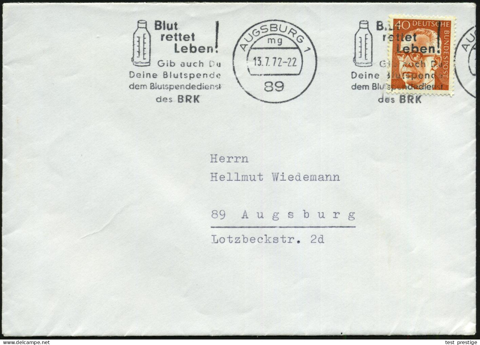 89 AUGSBURG 1/ Mg/ Blut/ Rettet/ Leben!/ Gib Auch Du/ Deine Blutspende/ D.Blutspendedienst/ D.BRK 1971 (13.7.) Band-MWSt - Medicine