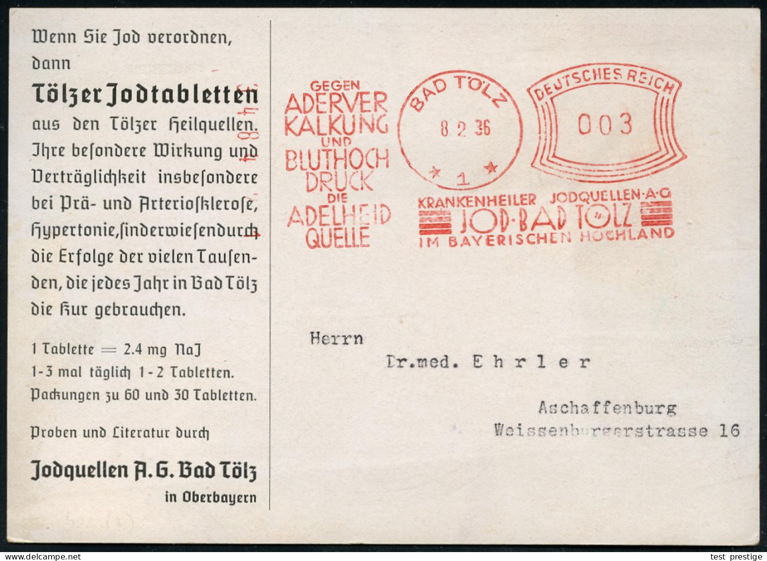 BAD TÖLZ/ *1*/ GEGEN/ ADERVER/ KALKUNG/ UND/ BLUTHOCH/ DRUCK/ DIE/ ADELHEID/ QUELLE/ KRANKEN-HEILER JODQUELLEN AG.. 1936 - Medicine