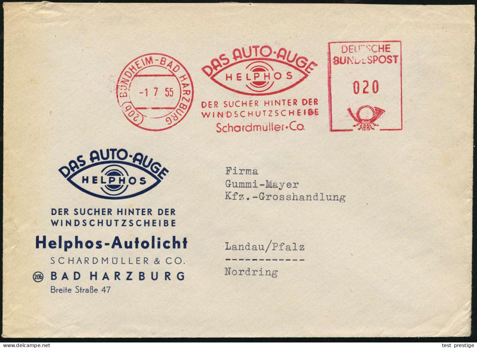 (20b) BÜNDHEIM-BAD HARZBURG/ DAS AUTO-AUGE/ HELPHOS/ ..Schardmüller + Co 1955 (1.7.) AFS = Auge Klar Auf Motivgl. Reklam - Krankheiten