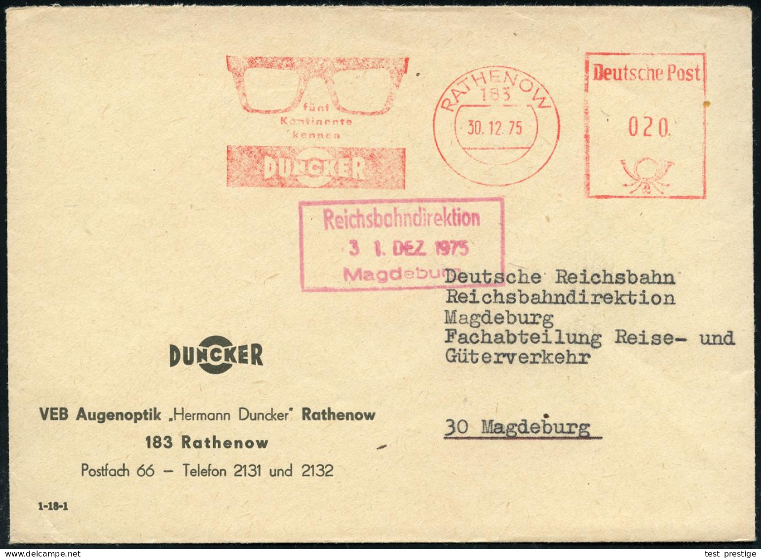 183 RATHENAU/ Fünf/ Kontinente/ Kennen/ DUNCKER 1975 (30.12.) AFS Postalia = Brille Auf Firmen-Bf.: VEB Augenoptik "Herm - Ziekte