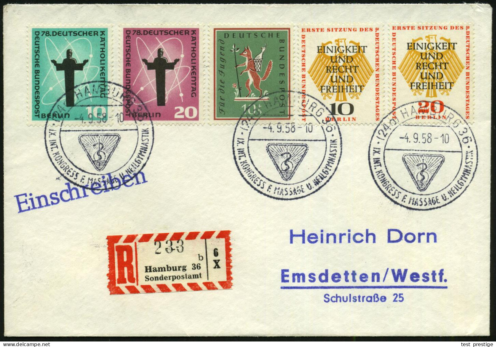 (24a) HAMBURG 36/ IX.INT.KONGRESS F.MASSAGE U.HEILGYMNASTIK 1958 (4.9.) SSt Vom Eröffnungstag (Äskulapstab Vor Sonne) 3x - Medicine