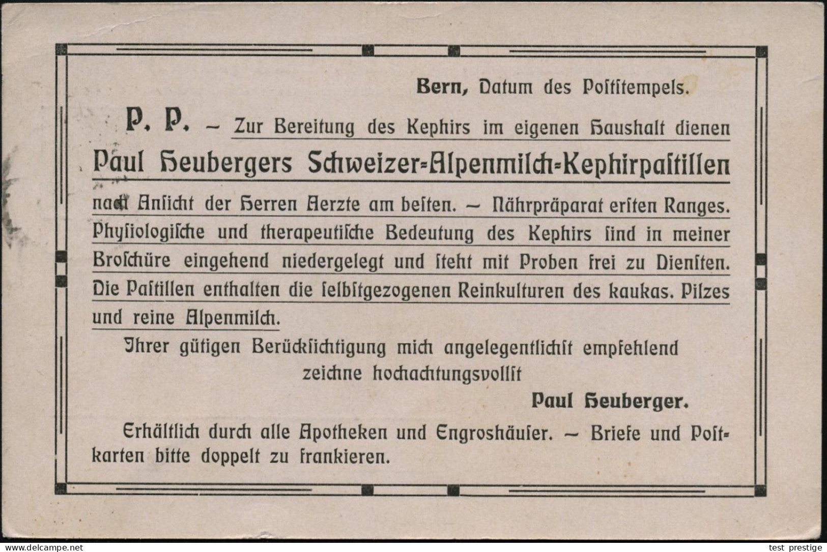 SCHWEIZ 1908 (11.5.) PP 5 C. Tellknabe Grün: Paul Heubergers.. Alpenmilch=Kephirpastillen.. Reinkulturen Des Kaukas. Pil - Geneeskunde