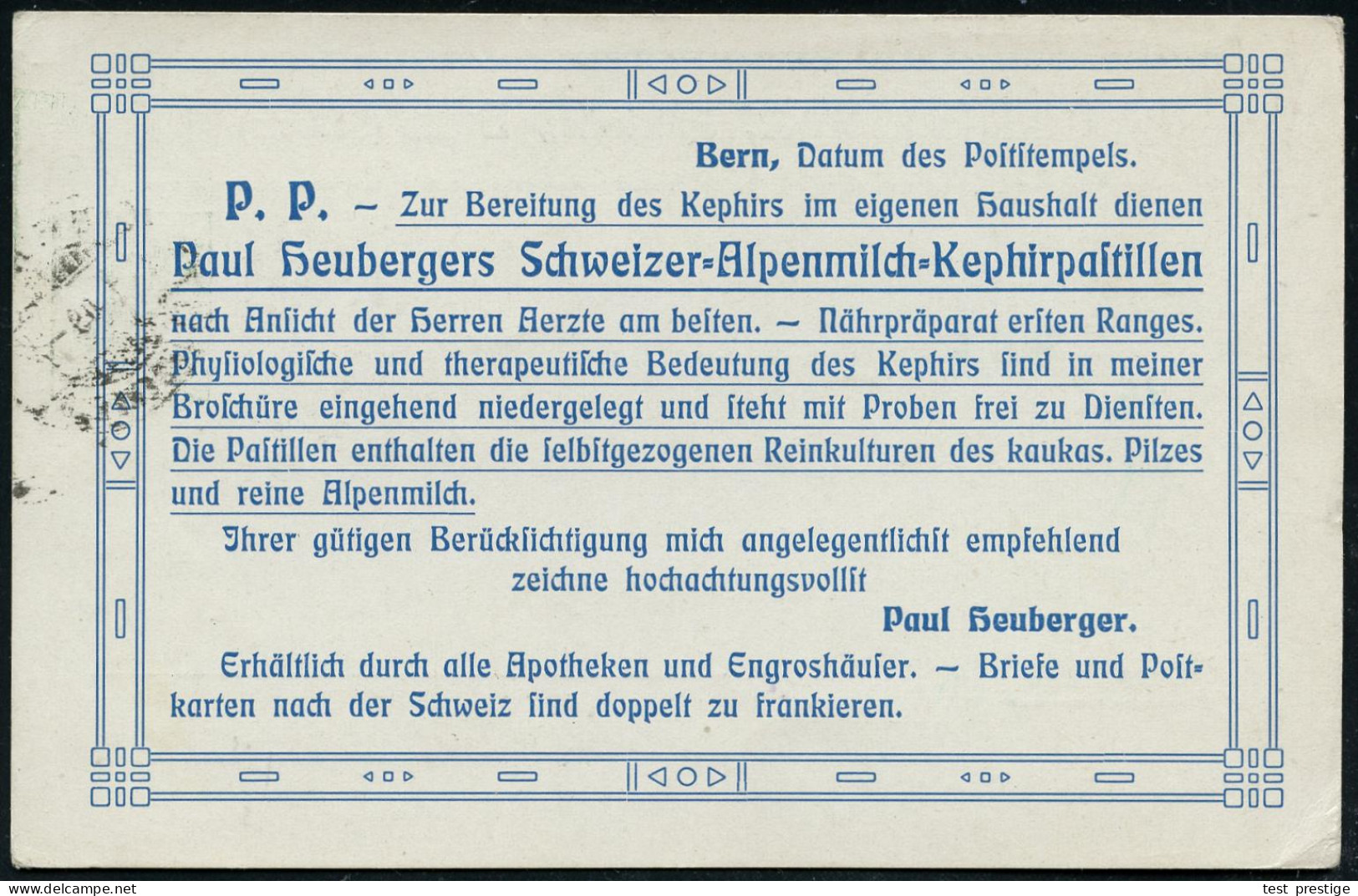 SCHWEIZ 1909 (20.7.) PP 5 C. Tellknabe, Grün: Paul Heuberger, Alpenmilch-Kephirpastillen.. Reinkultur Es Kaukas. Pilzes. - Geneeskunde