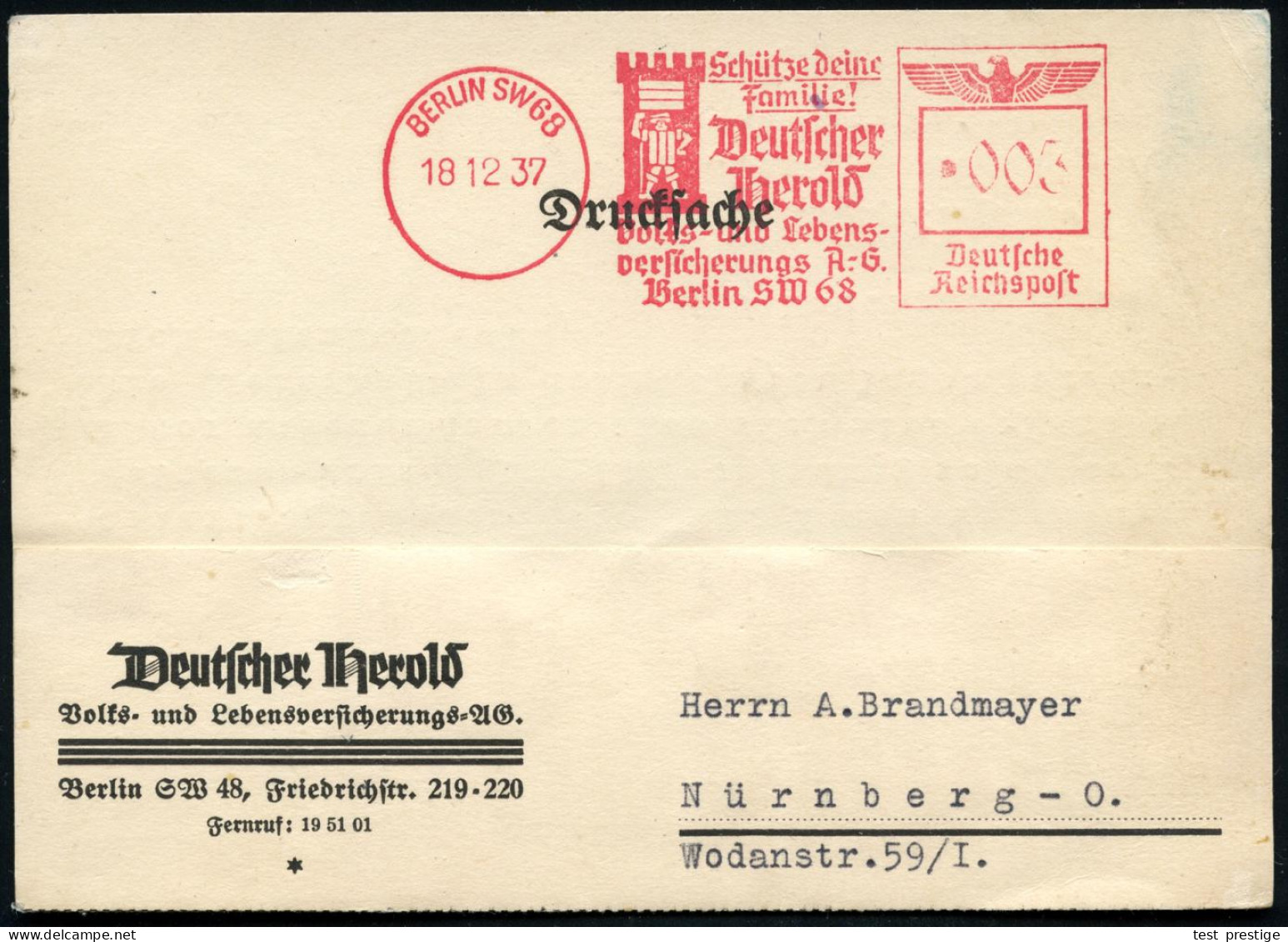 BERLIN SW68/ ..Deutscher/ Herold/ Volks-u.Lebens-/ Versicherungs AG. 1938 (21.2.) AFS Francotyp "Reichsadler" = Läufer U - Schaken