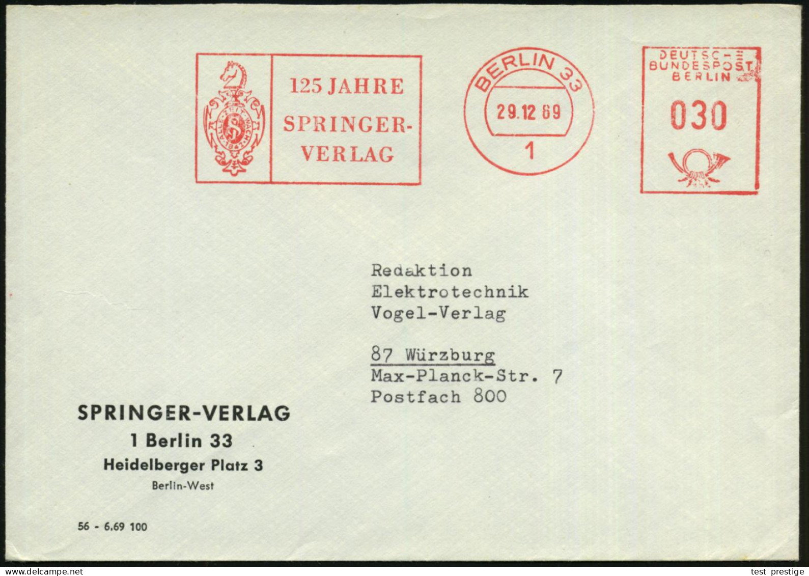 1 BERLIN 33/ 125 JAHRE/ SPRINGER-/ VERLAG 1969 (29.12.) Jubil.-AFS Francotyp "Posthorn" (Firmen-Logo) = Springer , Klar  - Schaken