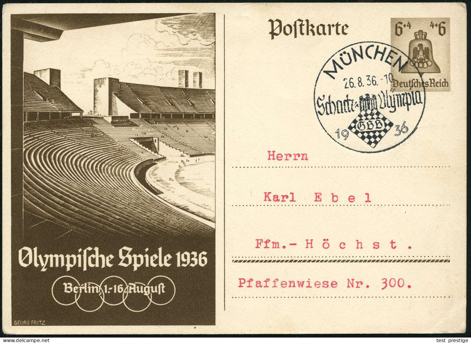 MÜNCHEN/ Schach-Olympia/ GBB 1936 (26.8.) SSt = Schachbrett (mit Monogramm) Glasklar Auf Olympia-P 6 + 4 Pf. Olympia-Sta - Schaken