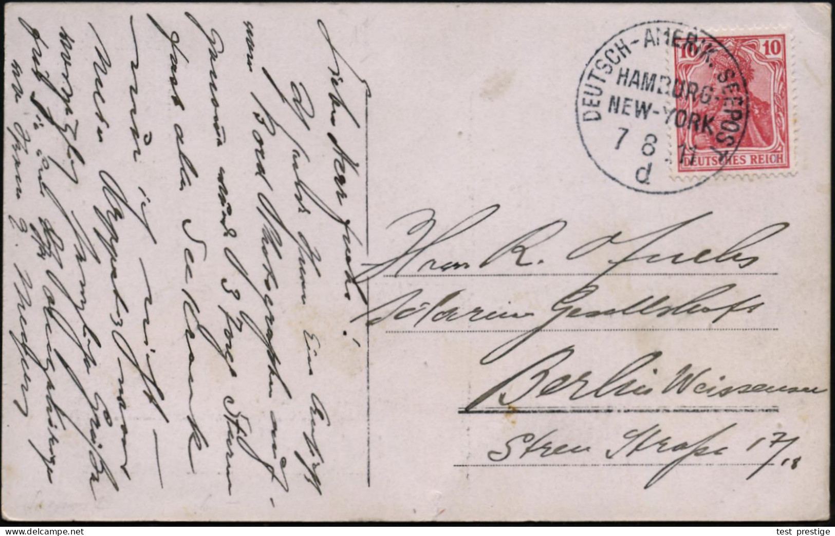 DEUTSCHES REICH 1911 (7.8.) 1K-BPA: DEUTSCH-AMERIK. SEEPOST/HAMBURG-/NEW - YORK/d Glasklar Auf 10 Pf. Germania, S/w.-Sch - Maritime