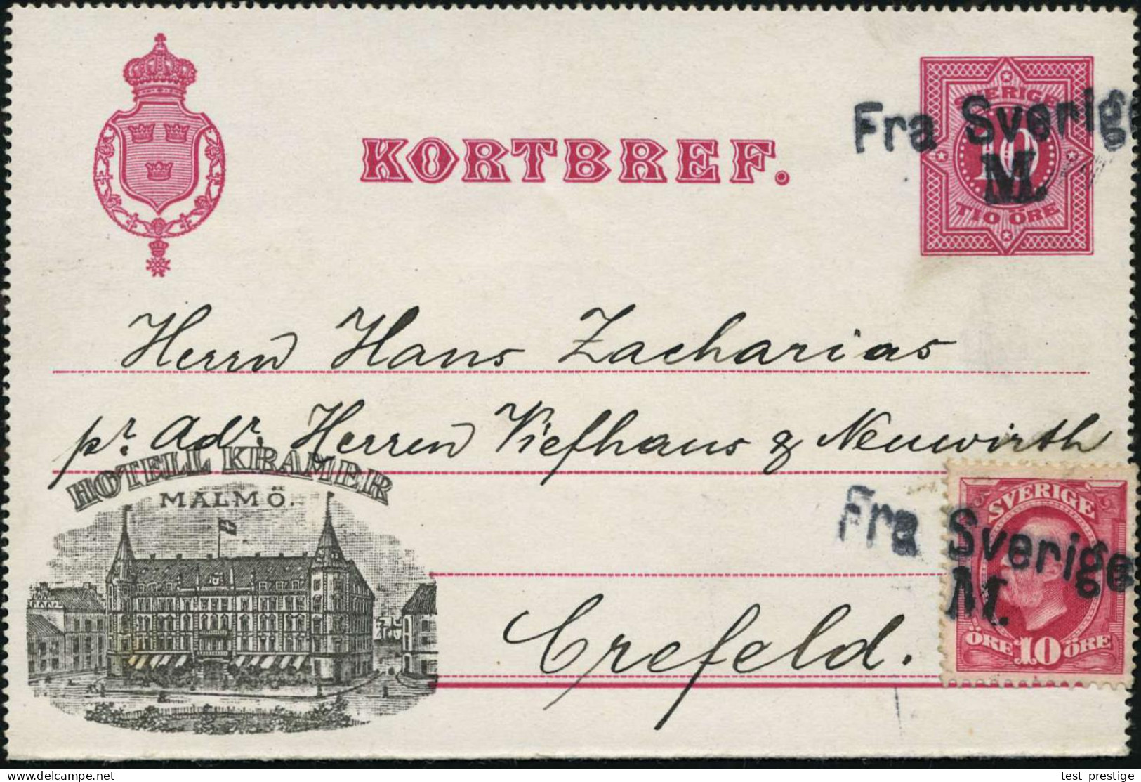 SCHWEDEN 1897 (21.11.) Privat-Reklame-Kartenbf. 10 Ö. Rot: HOTEL KRAMER/MALMÖ + Zusatzfrankat. 10 Ö. (Mi.43) 2x Schw. 2L - Schiffahrt