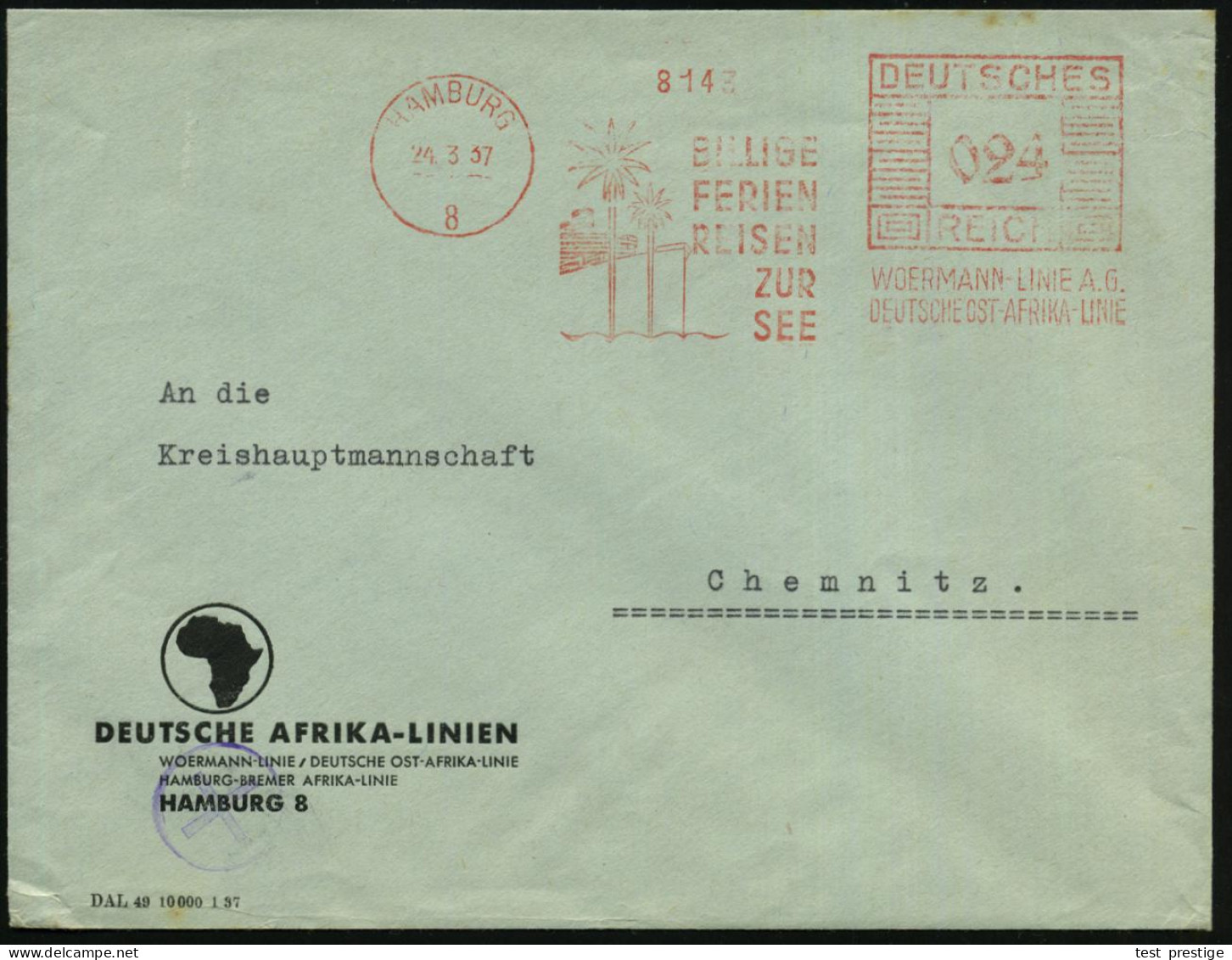 HAMBURG/ 8/ BILLIGE/ FERIEN/ REISEN/ ZUR/ SEE/ WOERMANN-LINIE AG/ DT.AFRIKA-LINIE 1937 (24.3.) AFS Francotyp = Palmen Vo - Maritiem