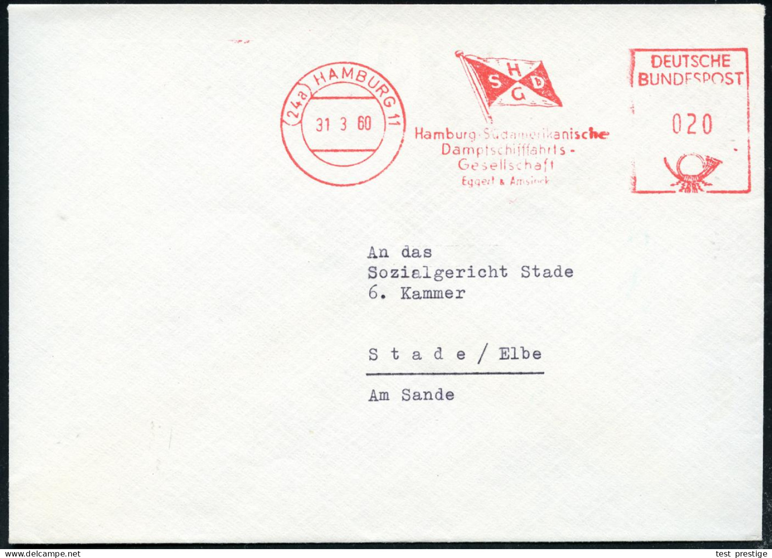 (24a) HAMBURG 11/ HSDG/ Hamburg-Südamerikanische/ Dampfschiffahrts/ Ges. 1960 (31.3.) AFS Postalia (Reederei-Flagge) Rs. - Maritiem