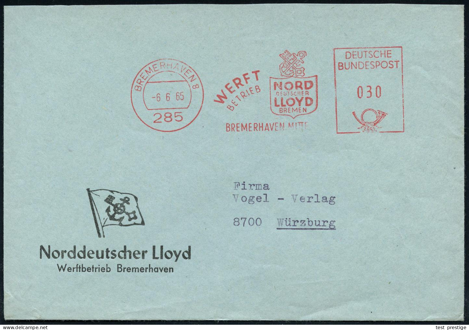 285 BREMERHAVEN 8/ WERFT/ BETRIEB/ NORD/ DEUTSCHER/ LLOYD.. 1965 (6.6.) AFS Postalia (Logo) Dekorativer Firmen-Bf. Mit R - Schiffahrt