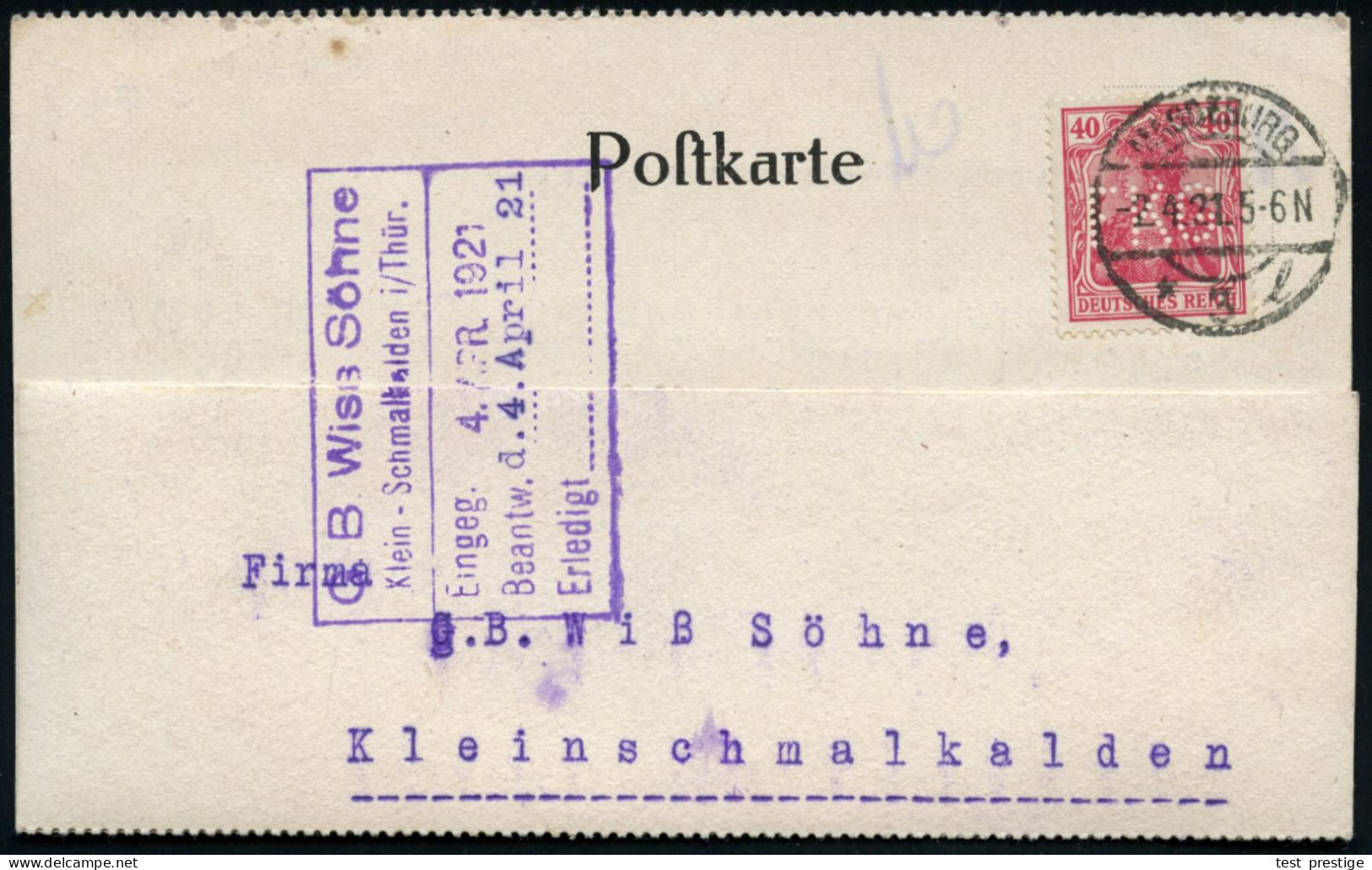 MAGDEBURG 3 1921 (2.4.) 1K-Brücke Auf EF 40 Pf. Germania Mit Firmenlochung: "F K G" = F Riedrich Krupp Gruson = Herstell - Maritime