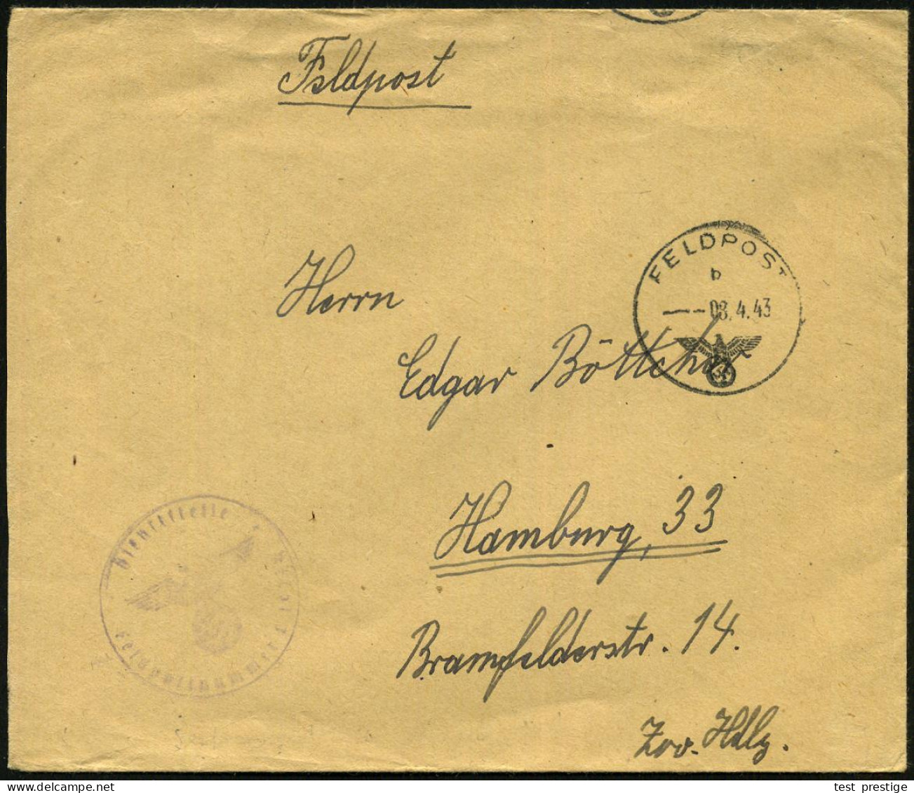 DEUTSCHES REICH /  ITALIEN 1943 (8.4.) 1K: FELDPOST/b/--- + Viol. 1K-HdN: Feldpostnr. 00657 (etw. Hell) + Rs. Hs. Abs. = - Maritime