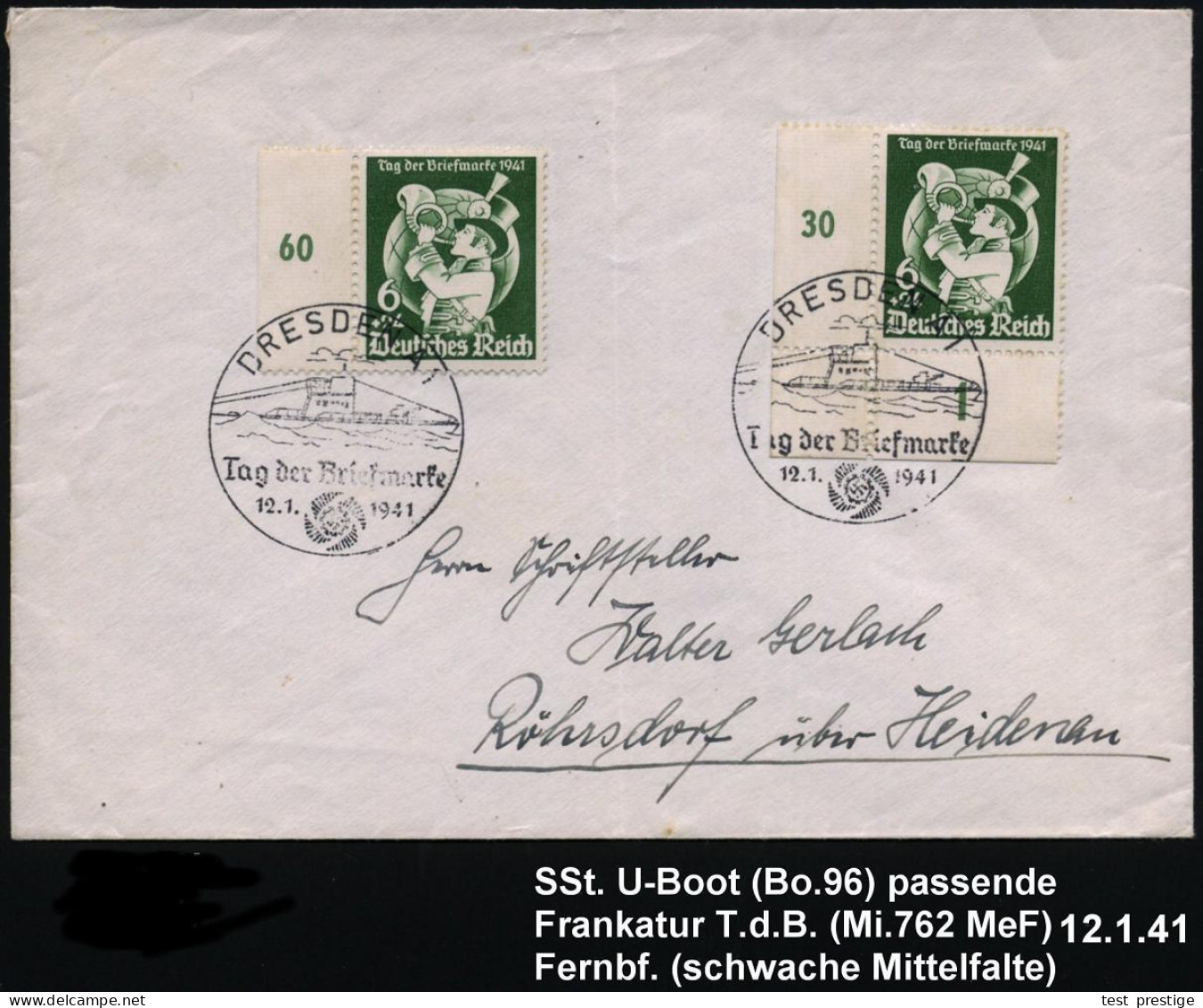 DRESDEN A1/ Tag Der Briefmarke 1941 (12.1.) SSt = U-Boot 2x Auf 2x 6 + 24 Pf. Tag D. Briefmarke (Mi.762 MeF) Inl.-Bf. (s - U-Boote