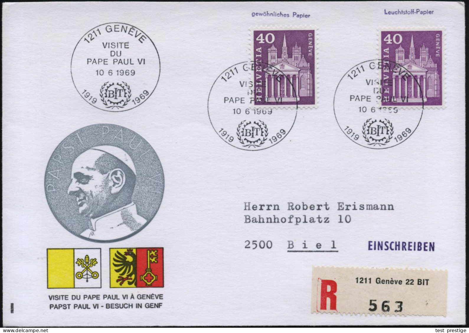 SCHWEIZ 1969 (10.6.) SSt.: 1211 GENEVE/VISITE/DU/PAPE PAUL VI/B I T/1919 1969 (Logo) + Sonder-RZ: 1211 Genève 22   B I T - UNO