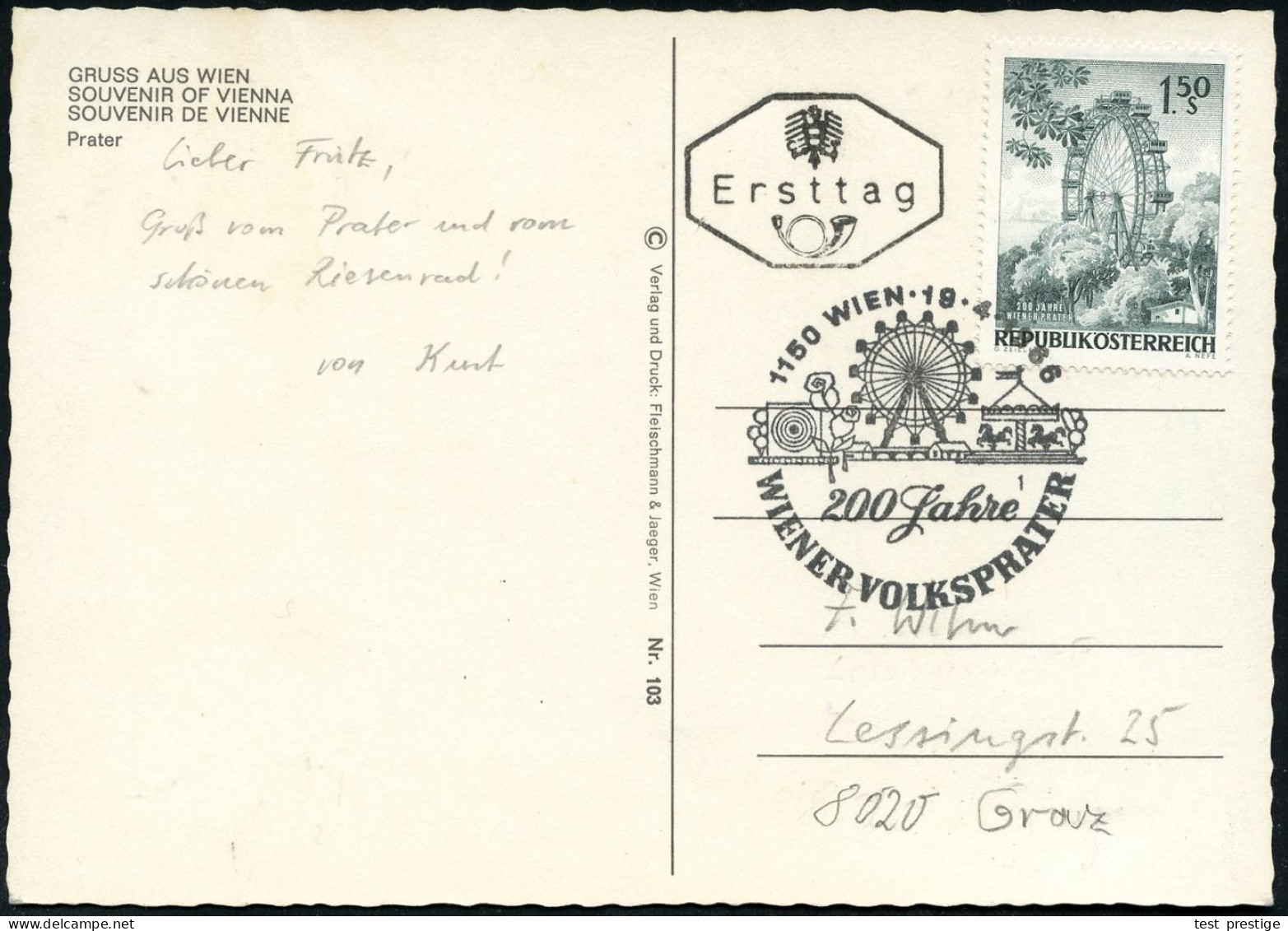 ÖSTERREICH 1966 (19.4.) 1,50 S. "200 Jahre Wiener Prater", EF = Riesenrad + Motivgl. SSt.: 1150 WIEN/200 Jahre/WIENER VO - Ohne Zuordnung