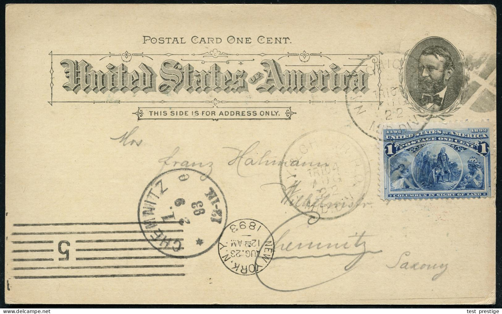 U.S.A. 1893 (24.8.) PP 1 C. Grant, Schw.: WORLD'S COLUMBIAN EXPOSITION = Glas-Palast, Gondel, Allegor. Figur Mit Kindern - Sonstige & Ohne Zuordnung