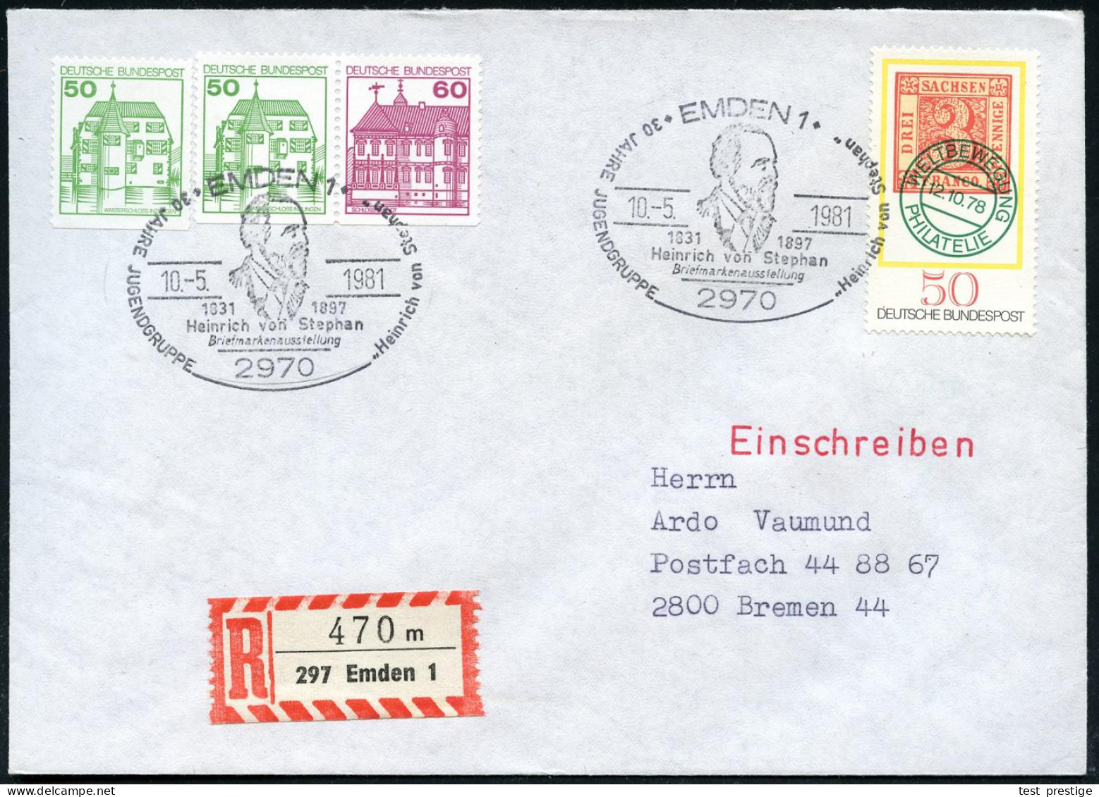 2970 EMDEN 1/ ..Heinrich V.Stephan/ Briefmarkenausstellung.. 1981 (10.5.) SSt = Brustbild H. V. Stephan , 2x + RZ: 297 E - UPU (Wereldpostunie)