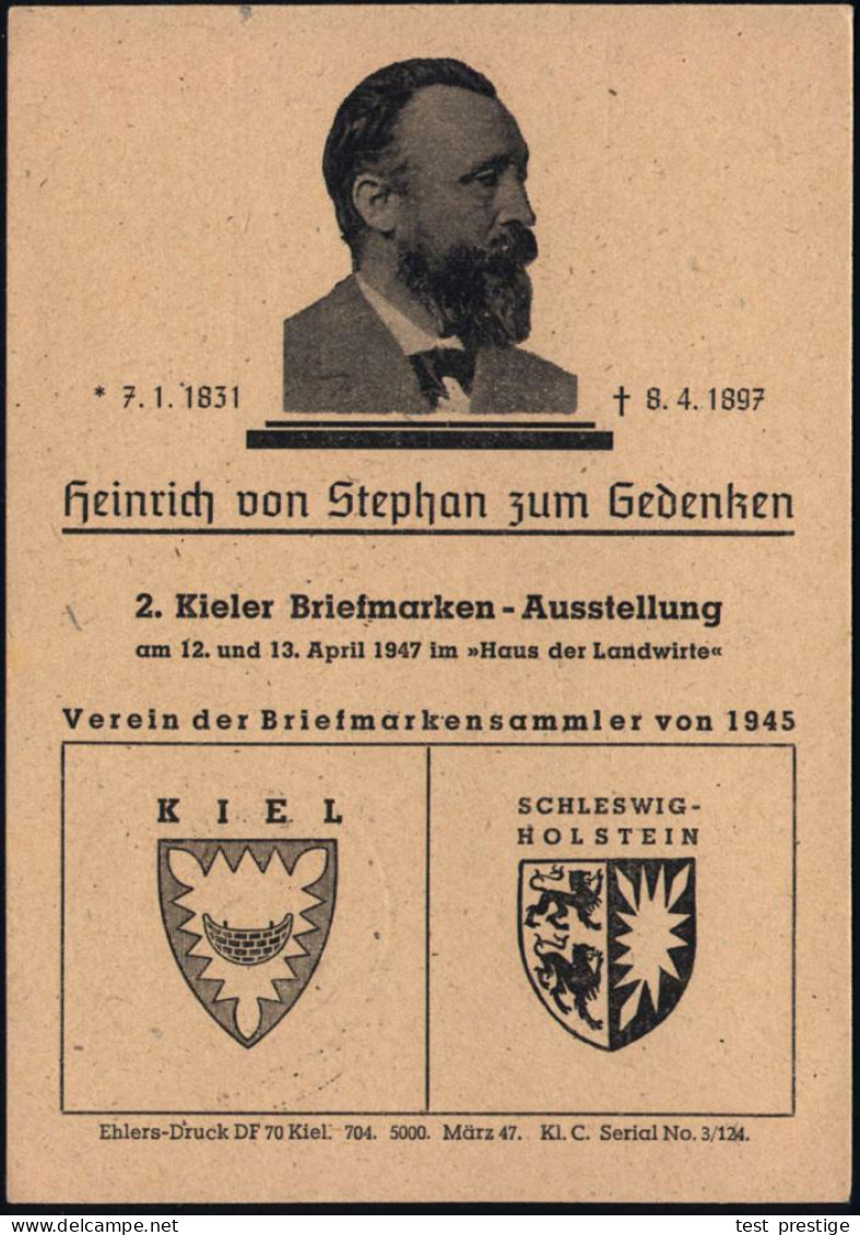 Kiel 1947 (8.4.) SSt: 2. Kieler-Briefmarken-Ausst./H.v.Stephan (= Brustbild Stephan) Auf Amtl. P 12 Pf. Arbeiter + Zudru - UPU (Wereldpostunie)