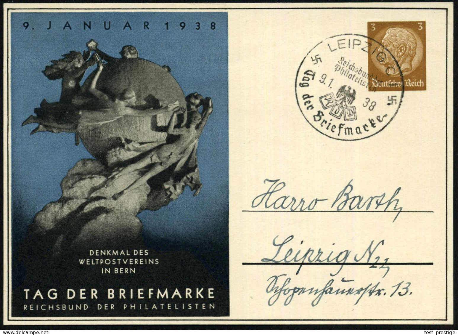 LEIPZIG 1/ RdPh/ Tag Der Briefmarke 1938 (9.1.) SSt Auf PP 3 Pf. Hindenbg., Braun: TAG DER BRIEFMARKE.. = UPU-Denkmal  B - UPU (Universal Postal Union)